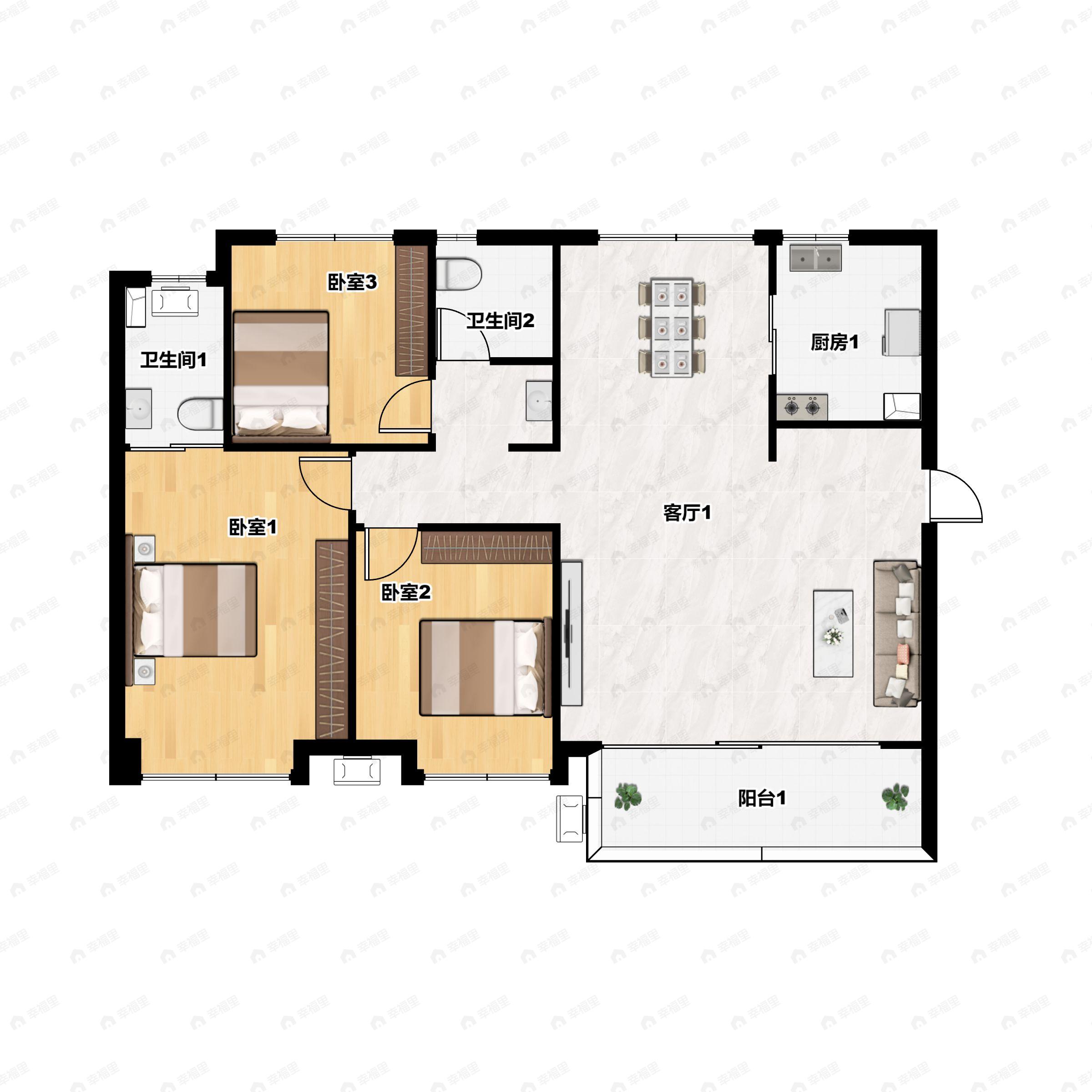 3室2厅2卫建面126平南|北户型图