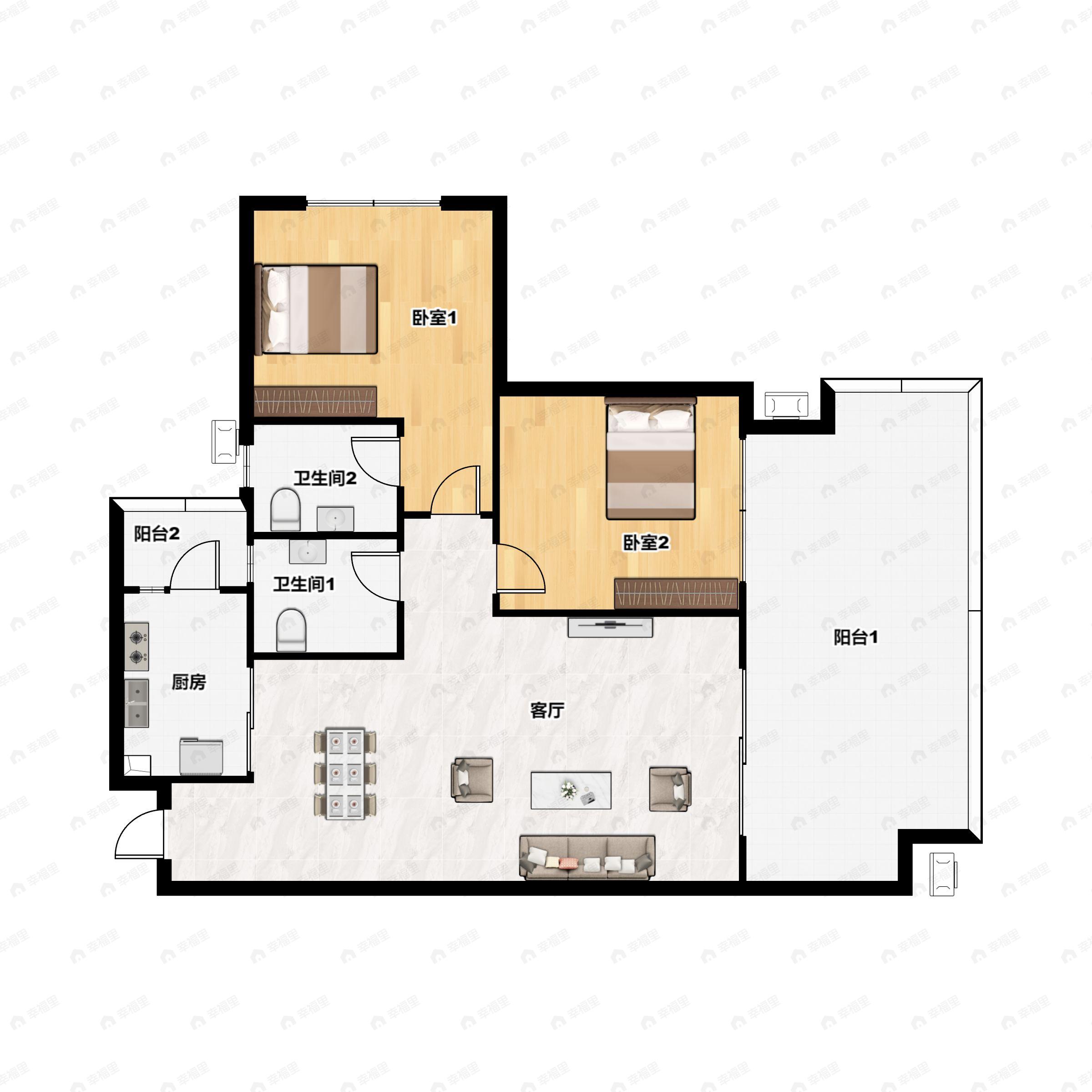 2室2厅2卫建面84平户型图