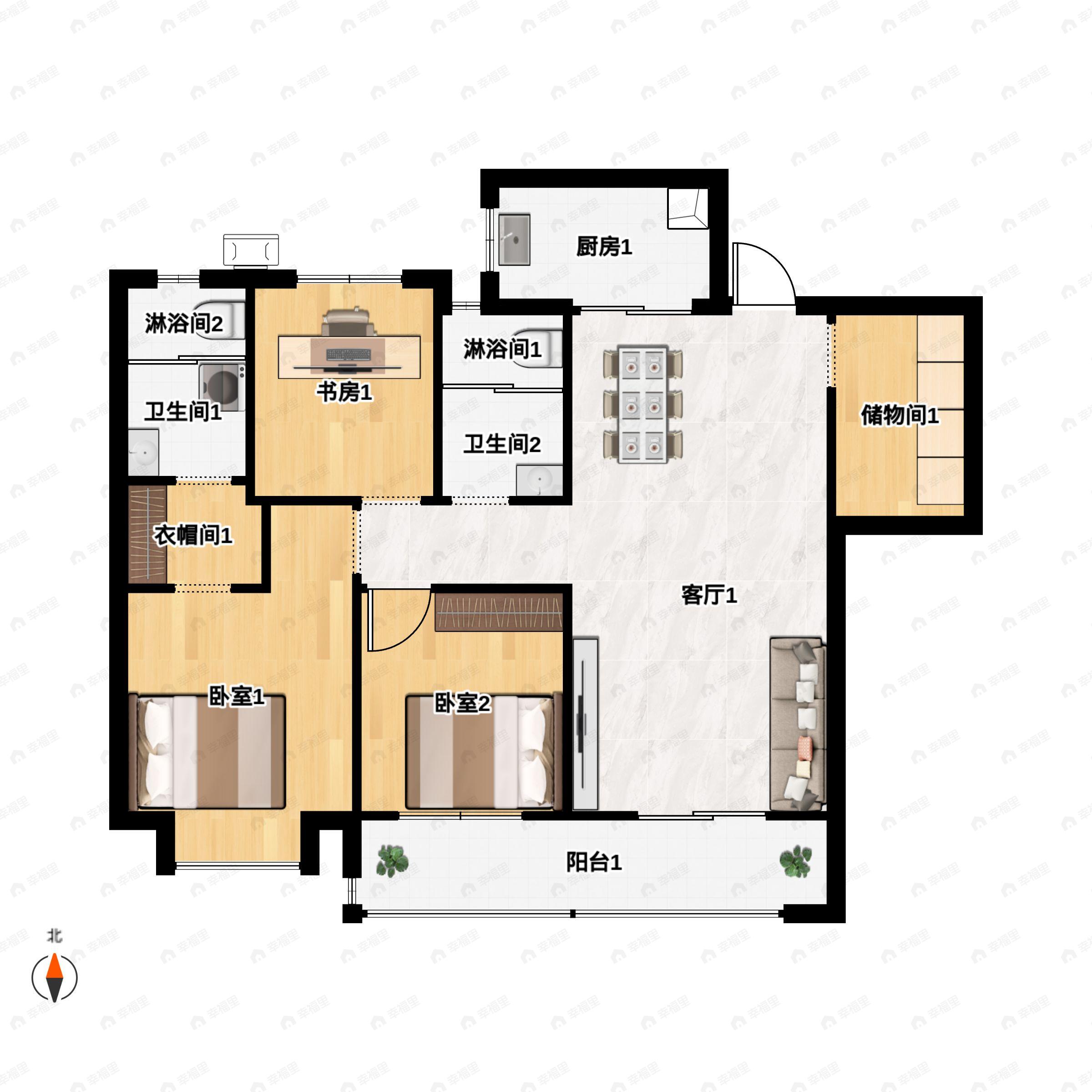 3室2厅2卫建面120平南|北户型图