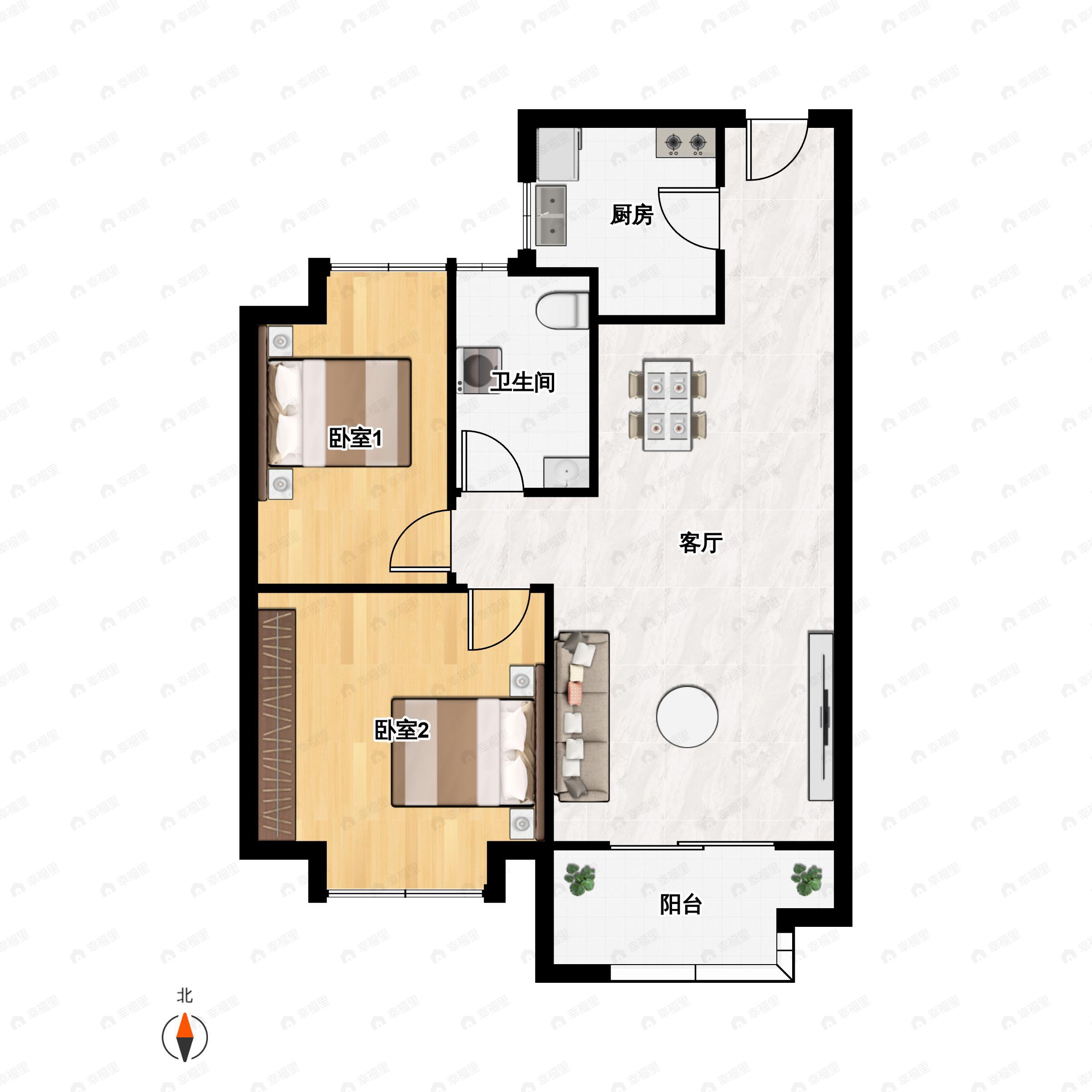 2室2厅1卫建面80m²南|北户型图