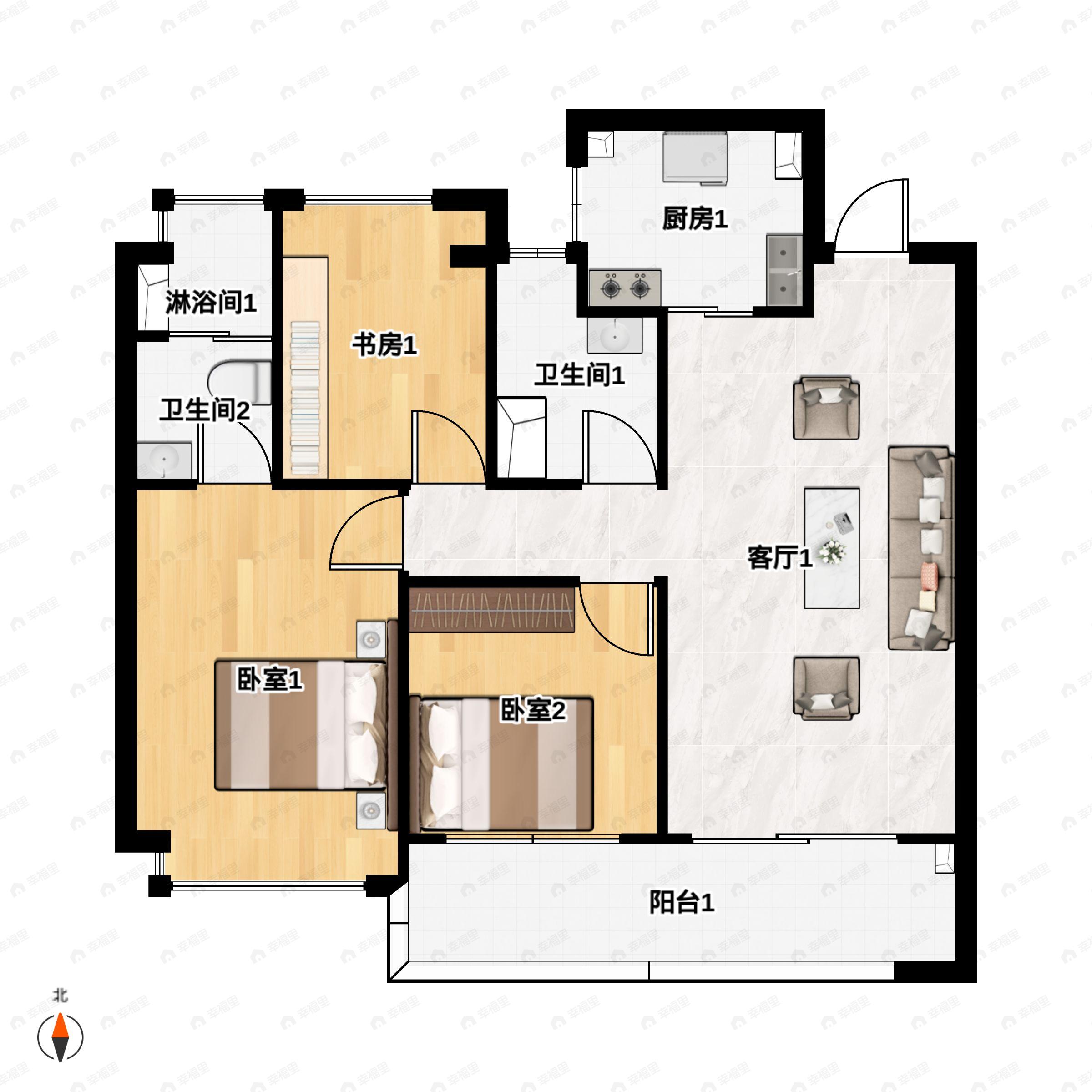 3室2厅2卫建面102平户型图