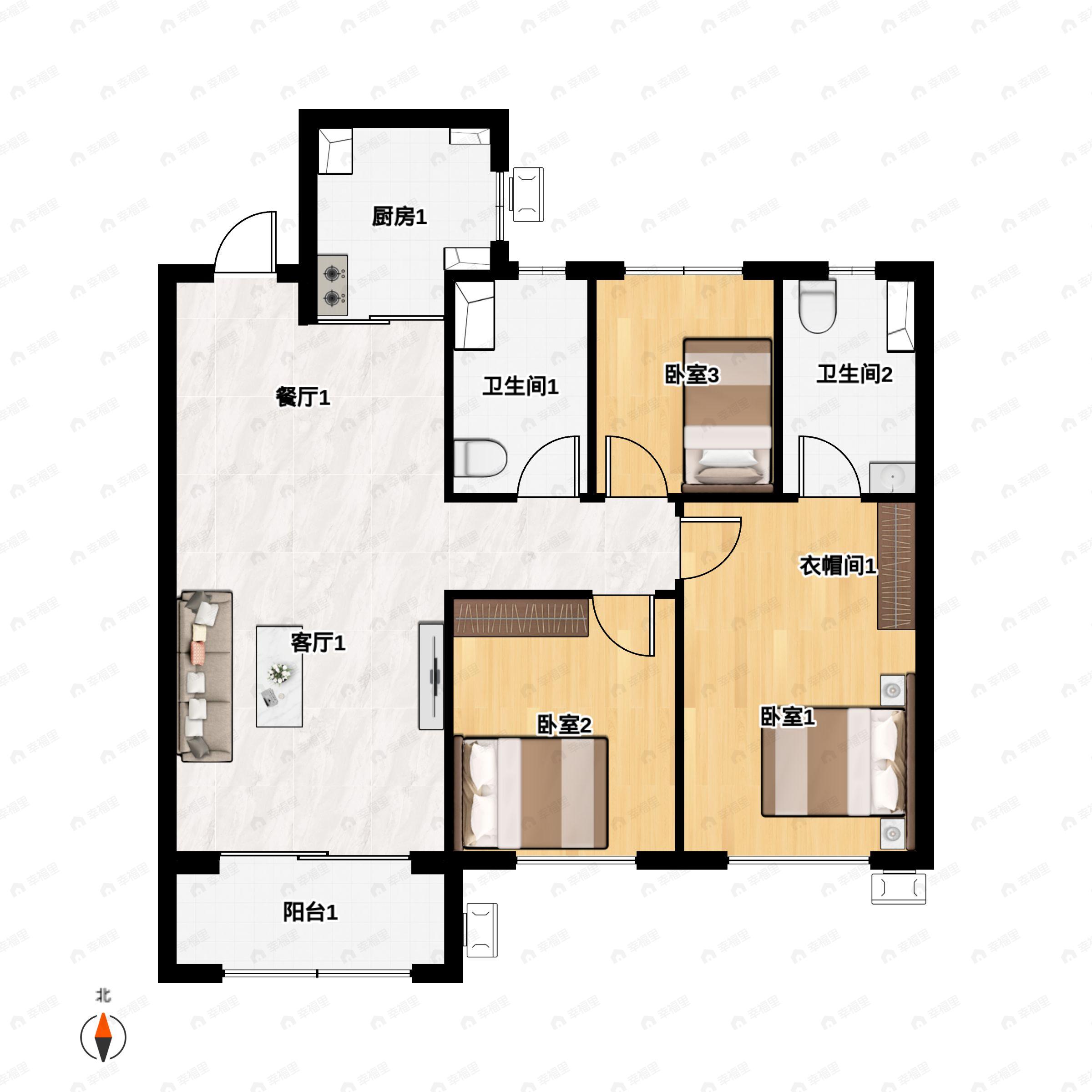3室2厅2卫建面105m²南户型图