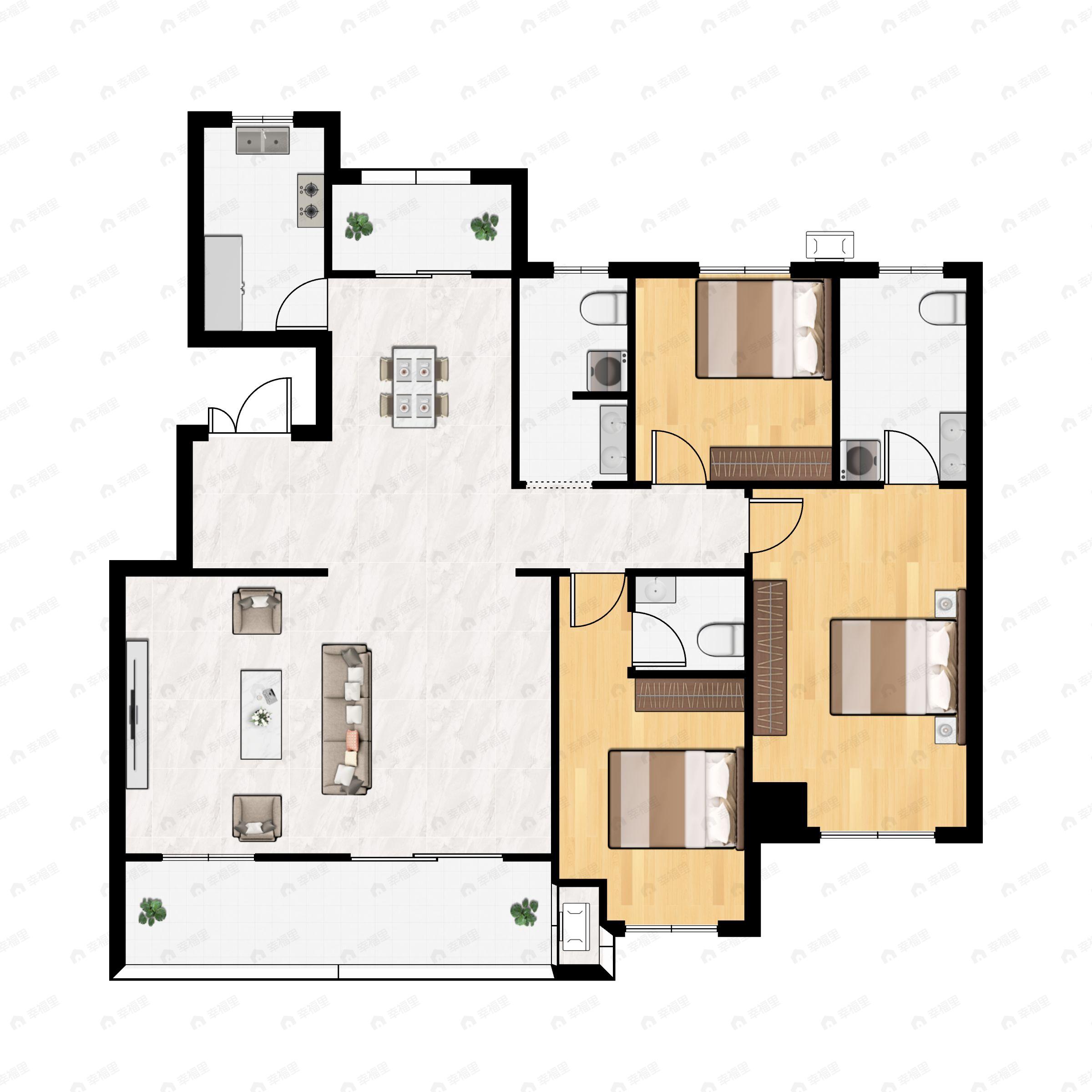 3室2厅2卫建面148平南户型图