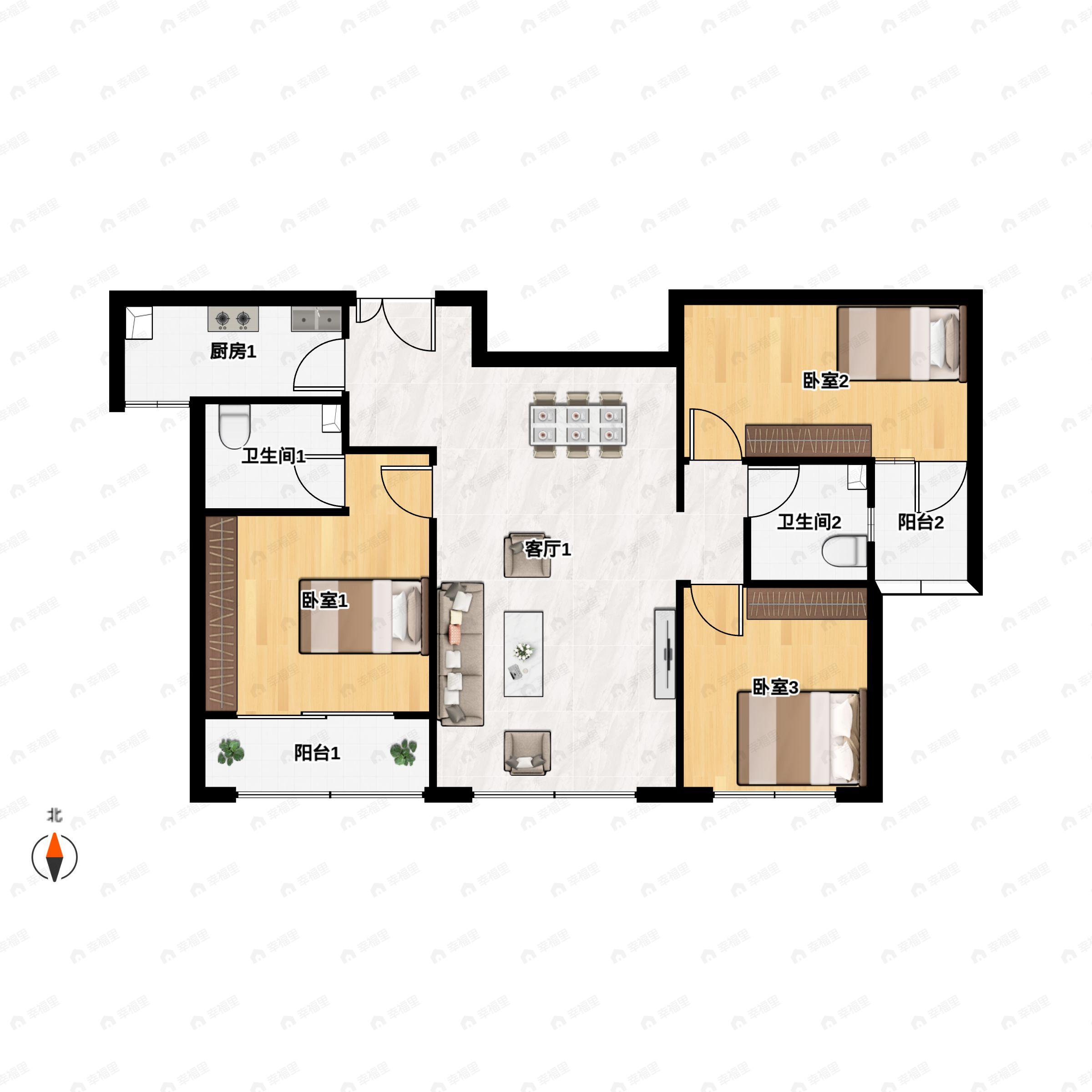 3室2厅2卫建面136平南户型图