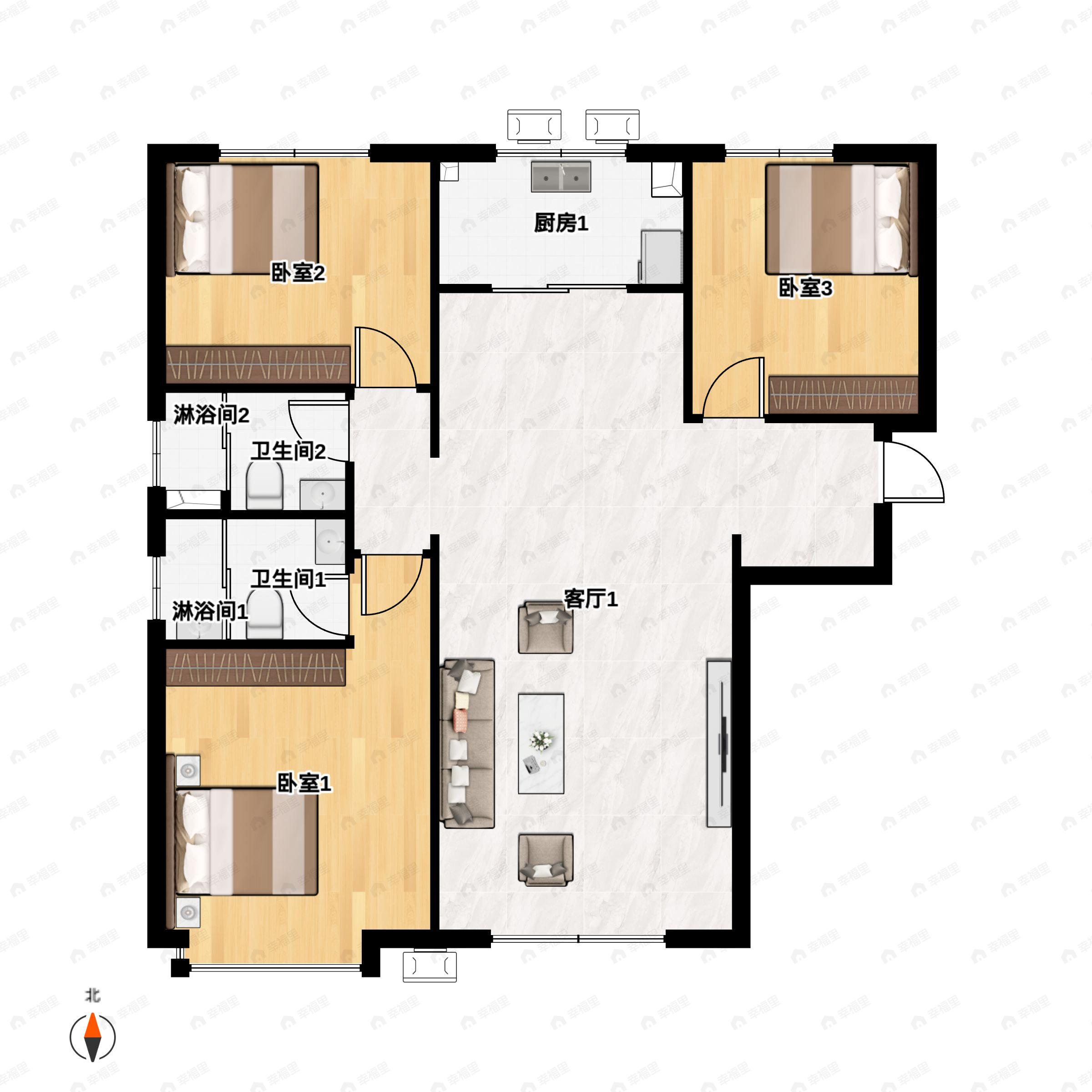 3室2厅2卫建面129m²北|南户型图