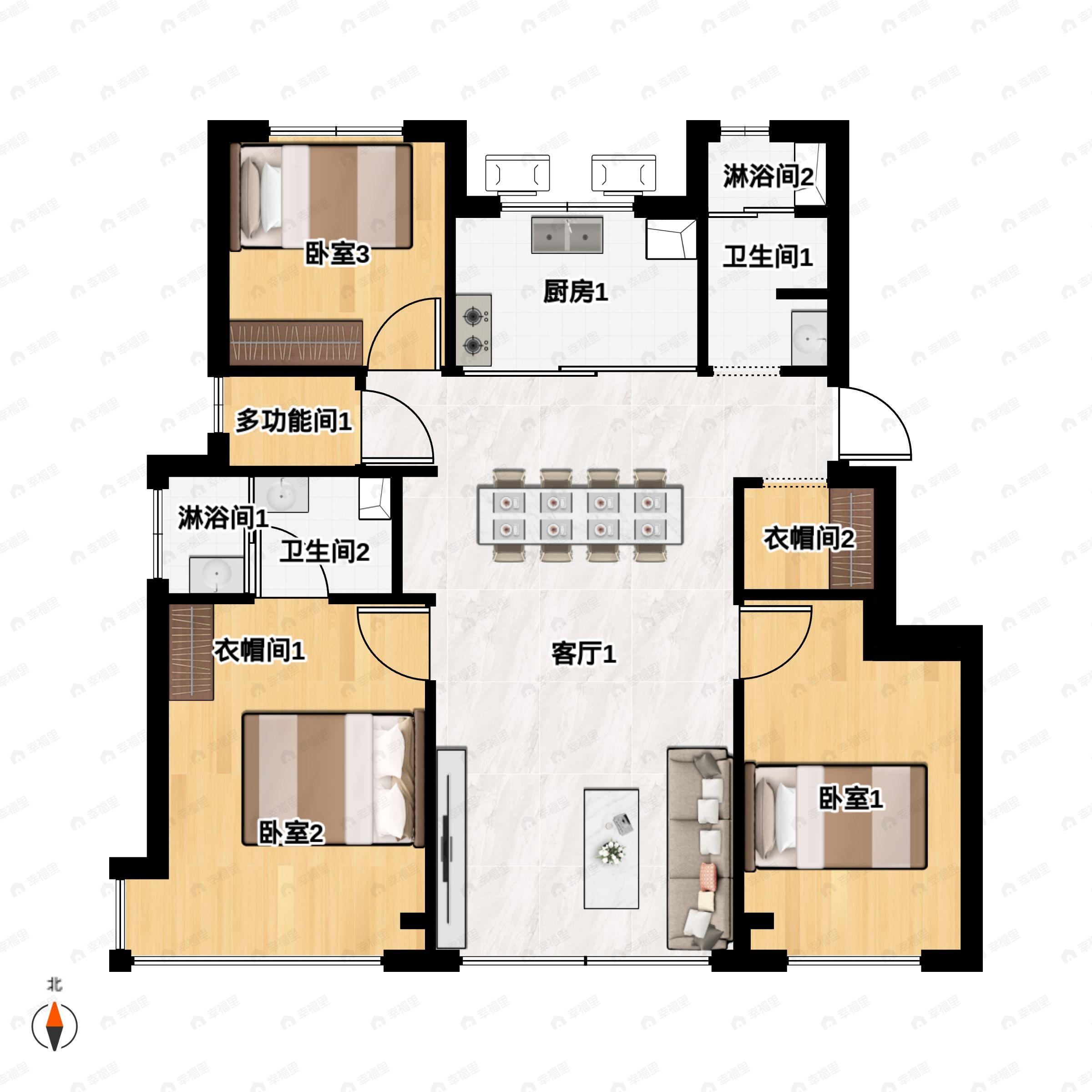 3室2厅2卫建面121平户型图