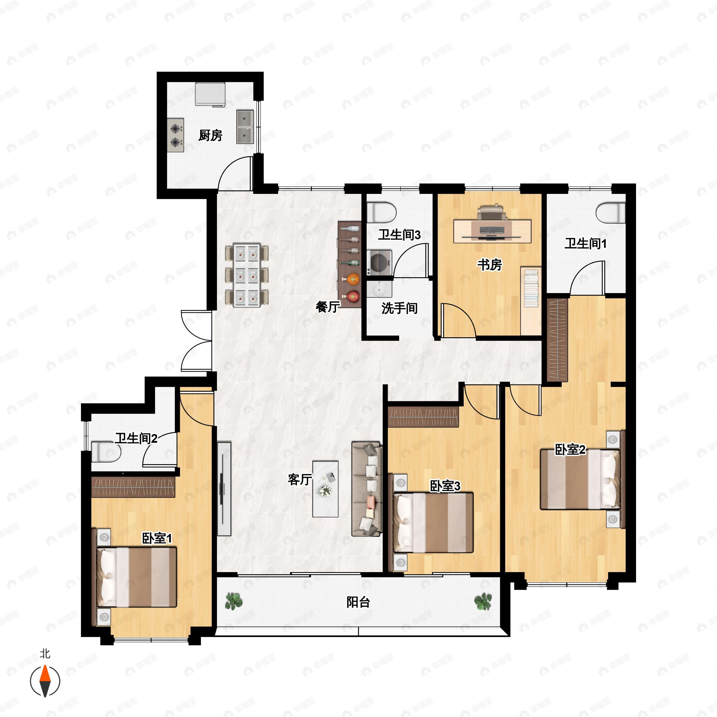 4室2厅3卫建面225平南|北户型图