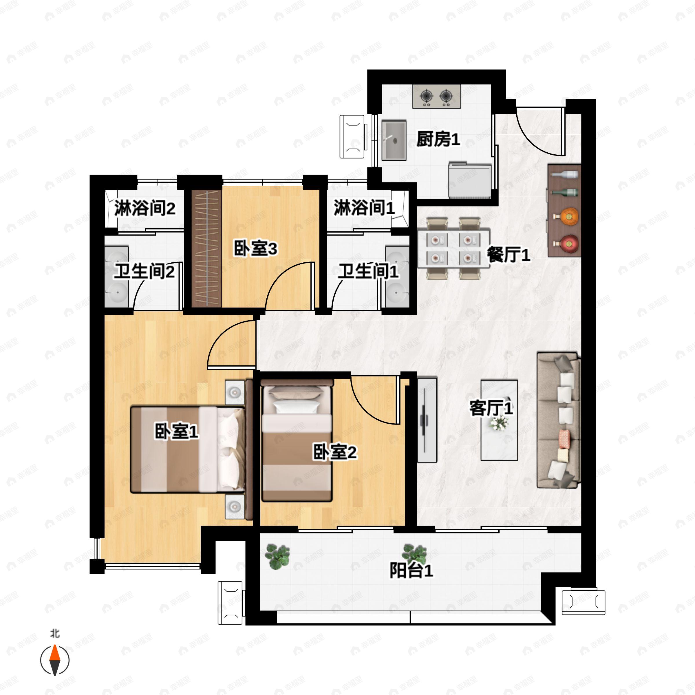 3室2厅2卫建面89平户型图