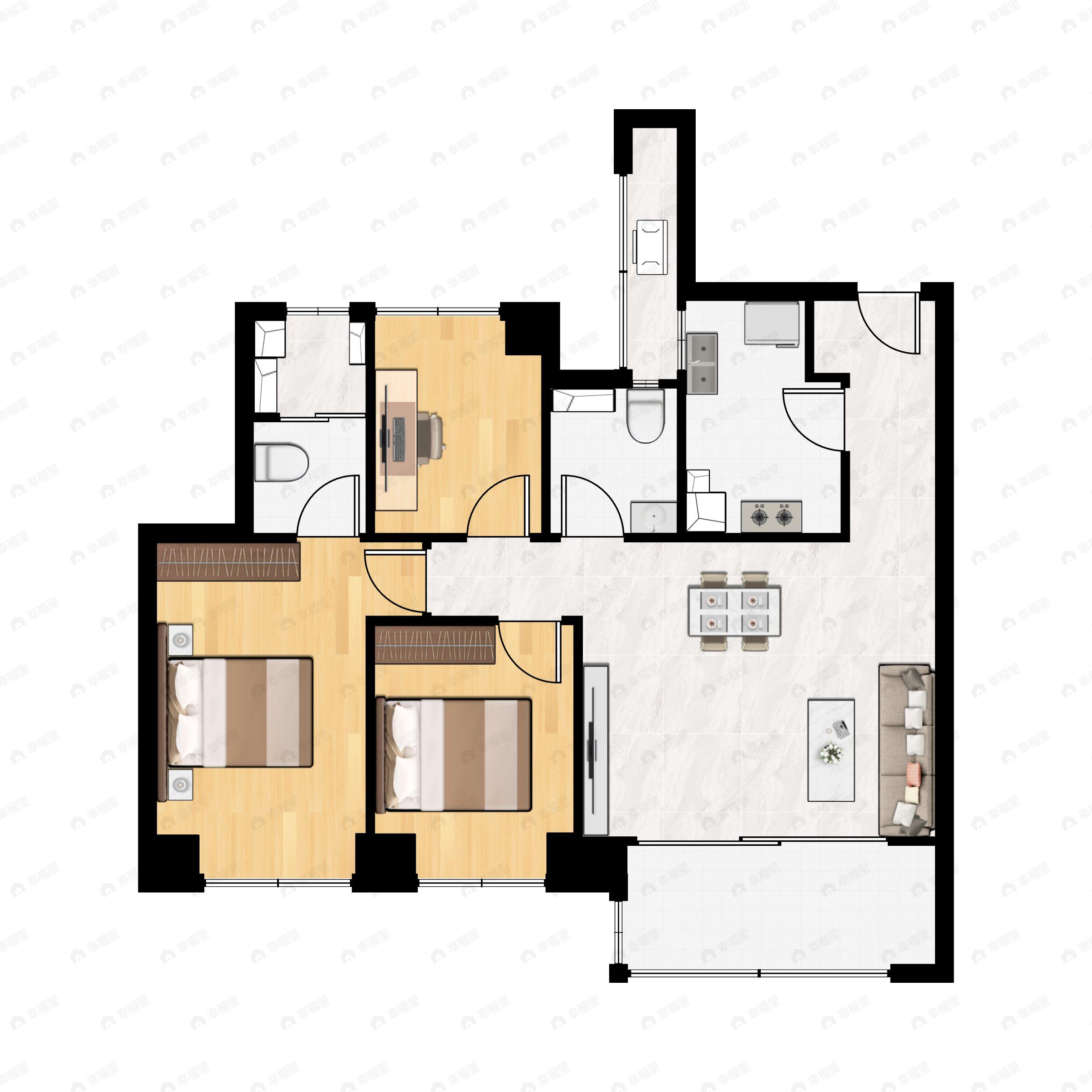 3室2厅2卫建面105m²南|北户型图