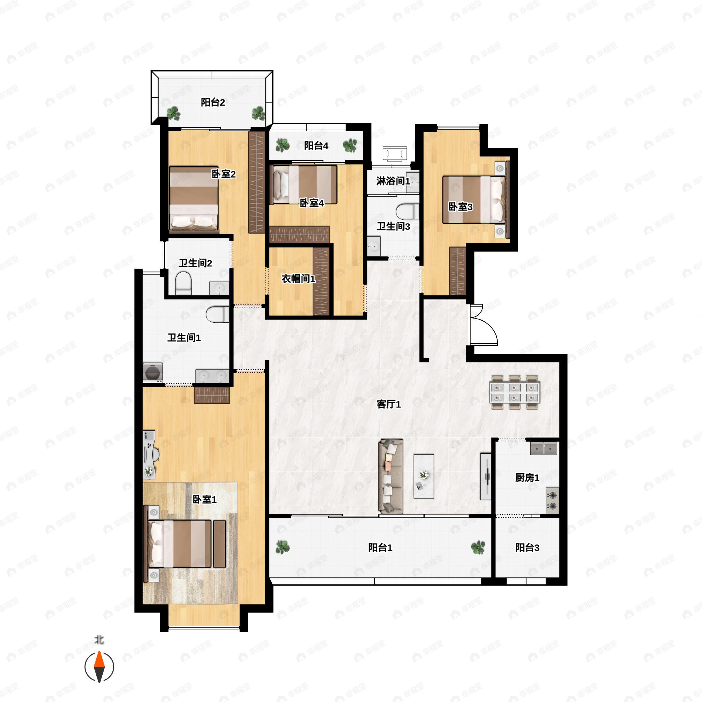 4室2厅3卫建面203m²南户型图