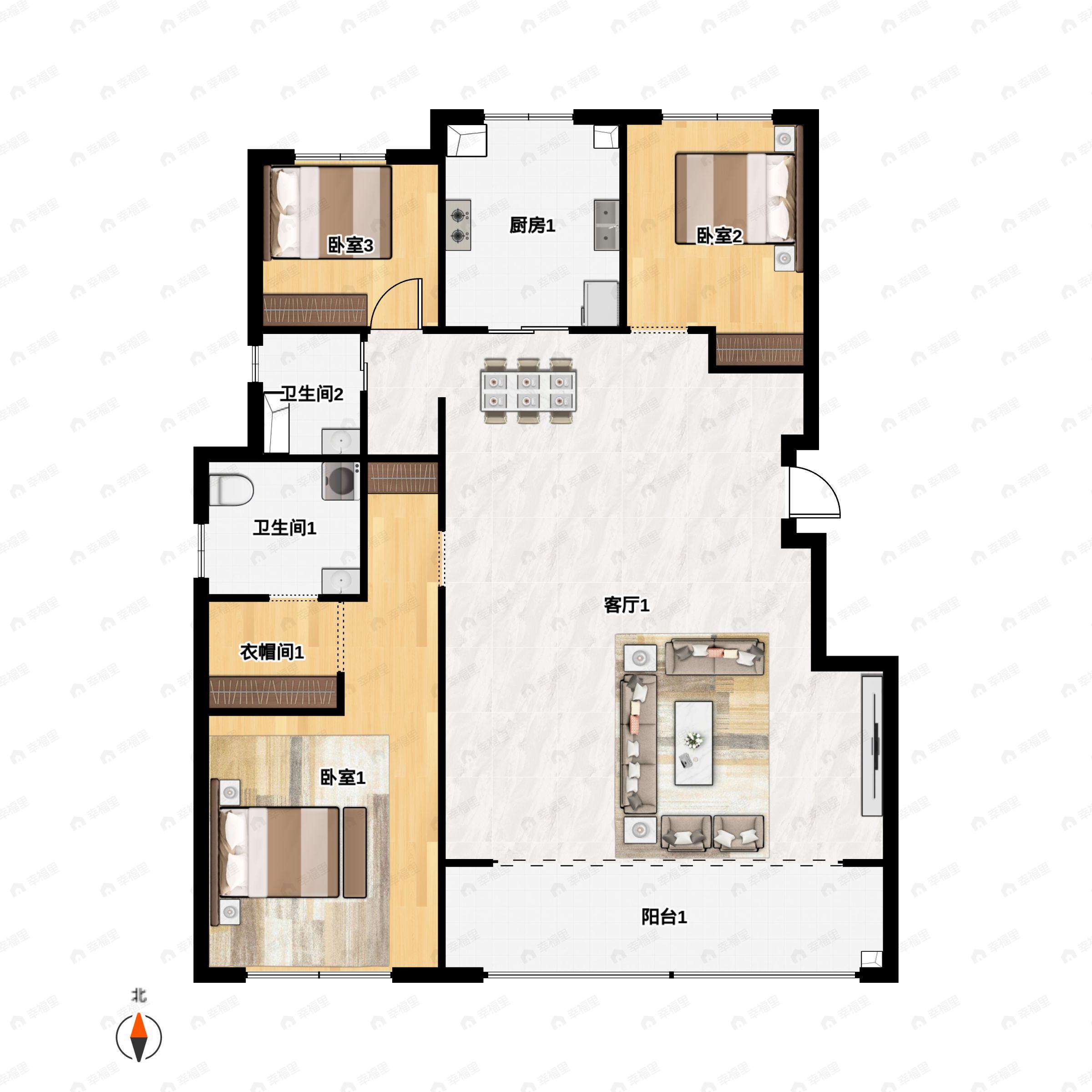 3室2厅2卫建面125m²南户型图