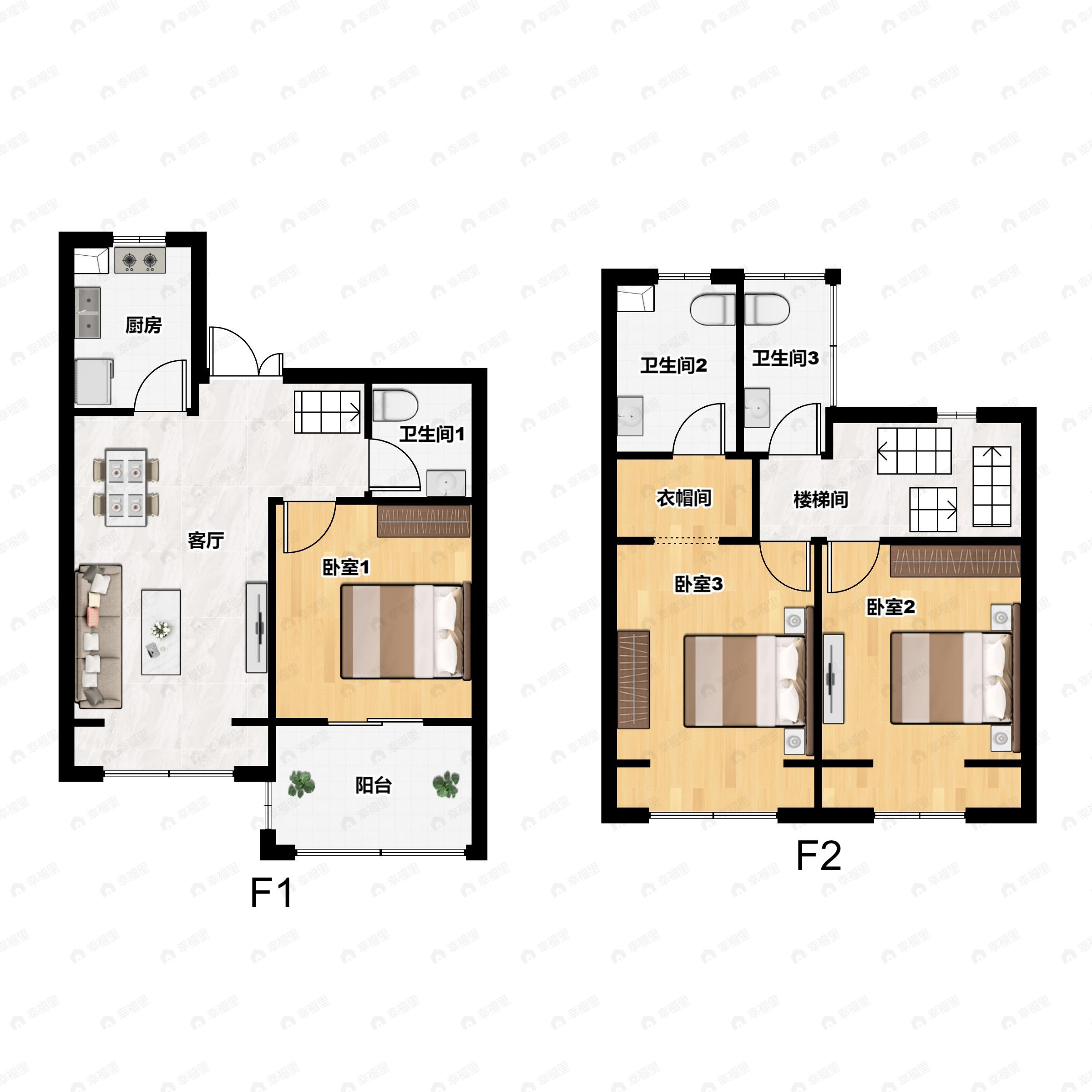 3室2厅3卫建面102平户型图
