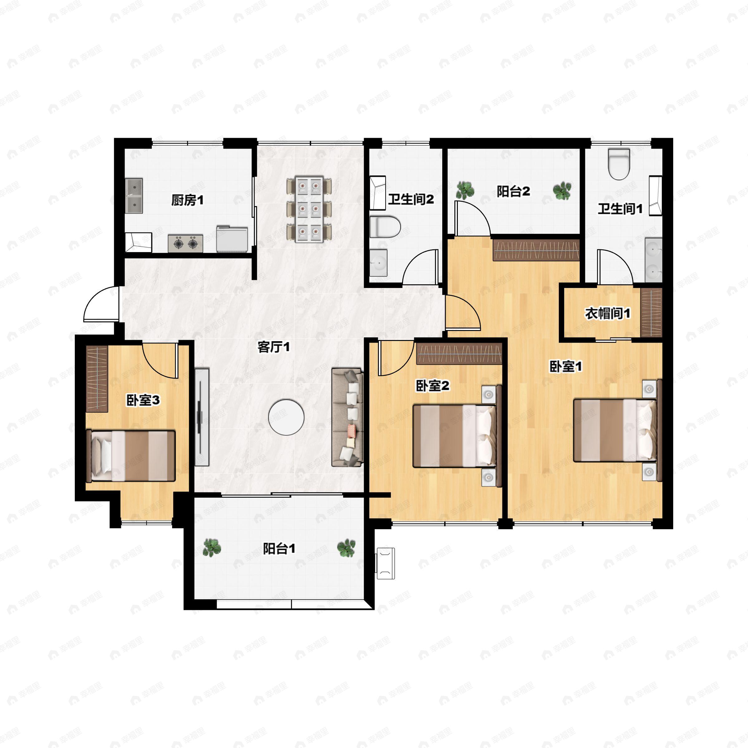3室2厅2卫建面117m²南户型图