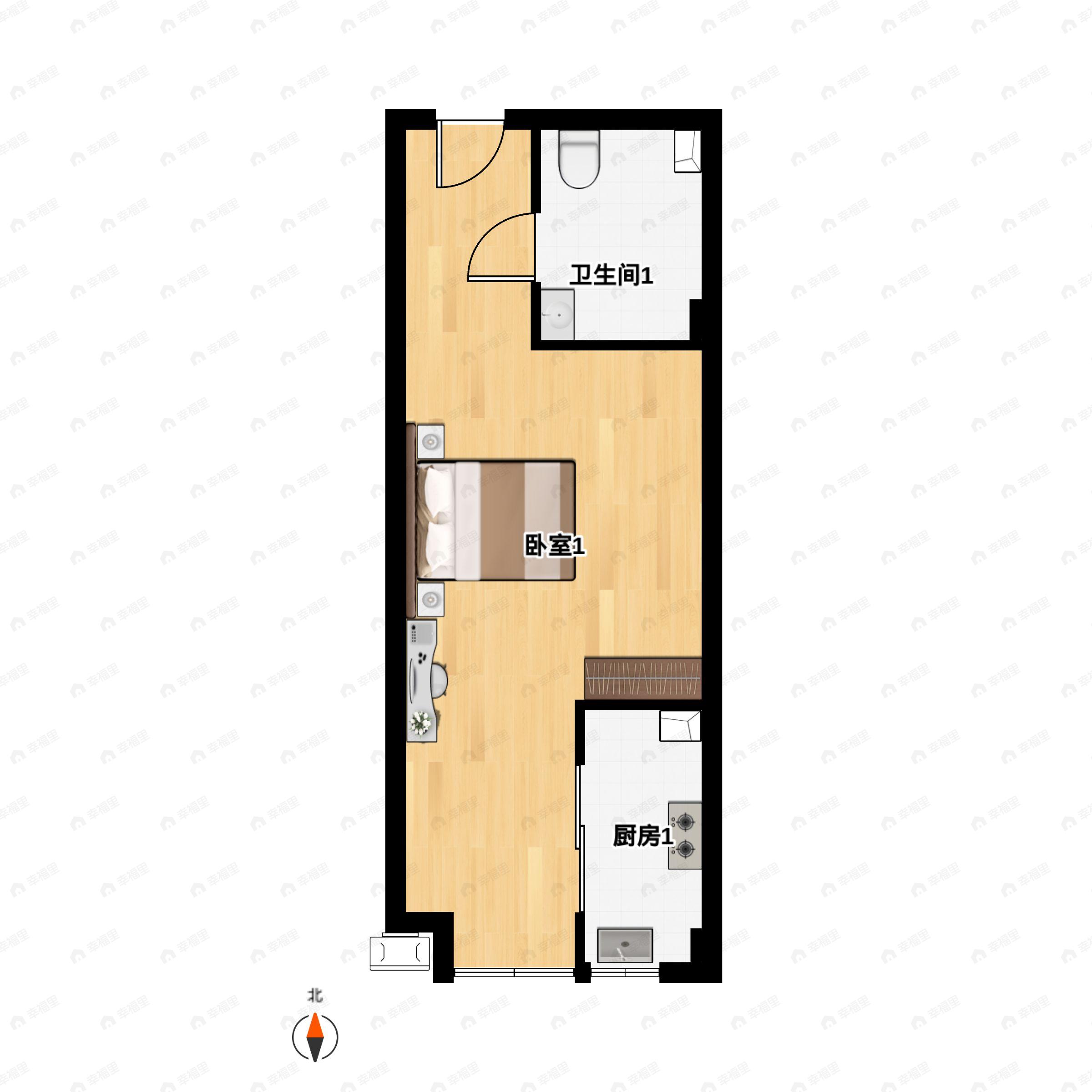 1室2厅1卫建面50m²南户型图