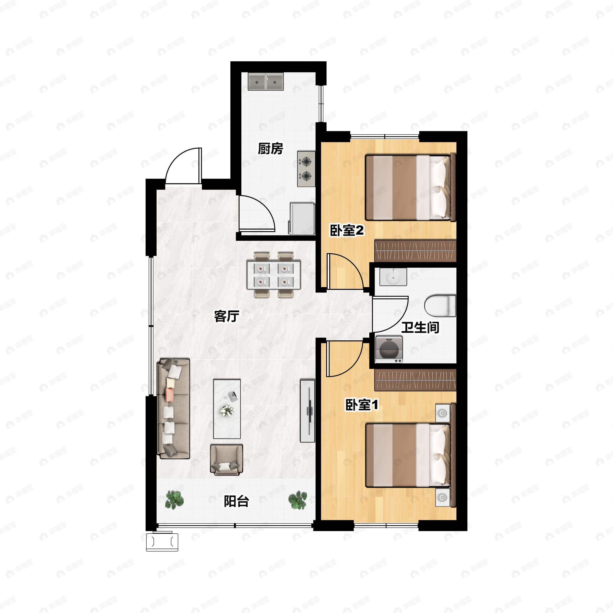 2室2厅1卫建面80m²南户型图