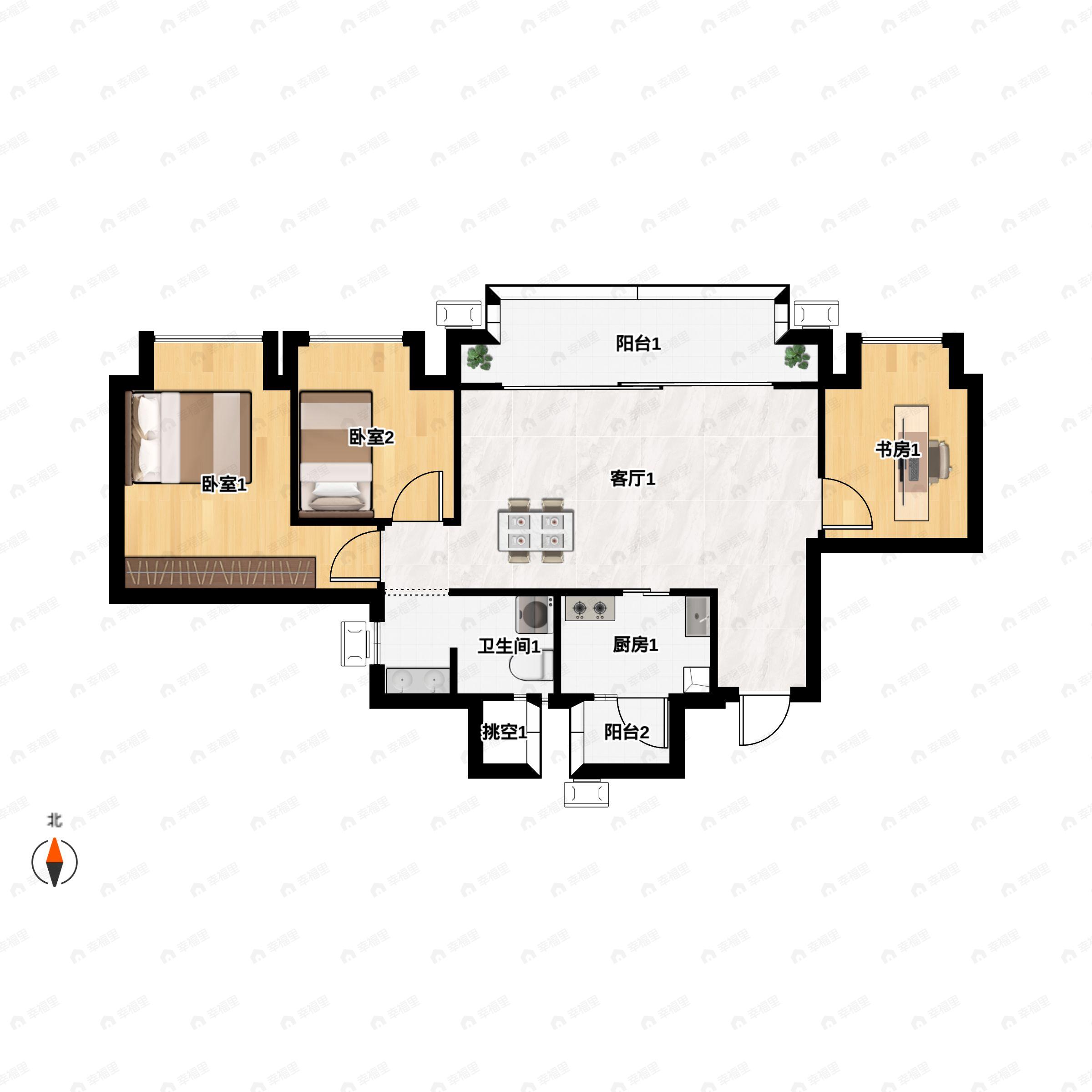 3室2厅2卫建面70平南|东|西|北户型图