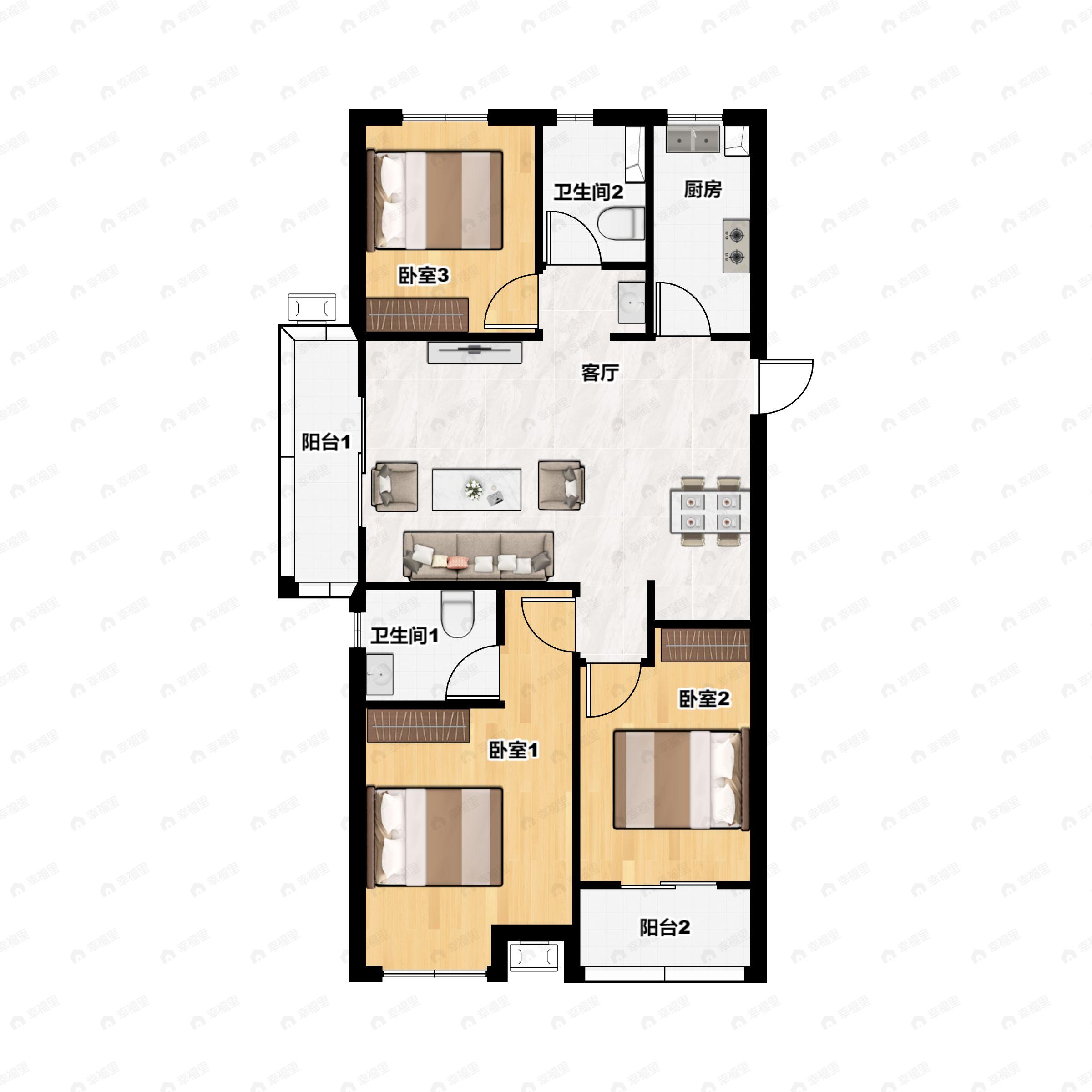 3室2厅2卫建面124平户型图