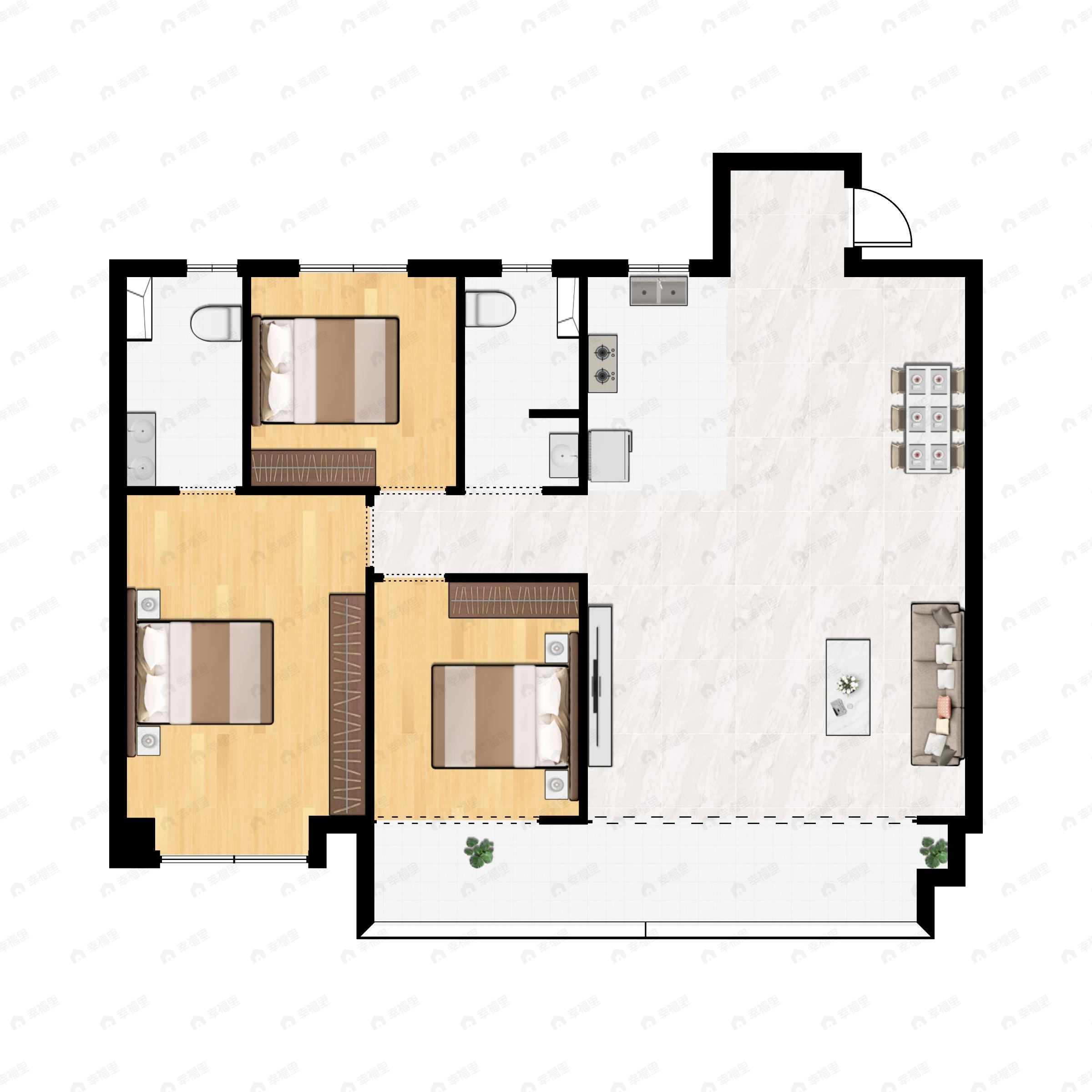 3室2厅2卫建面128m²北|南户型图