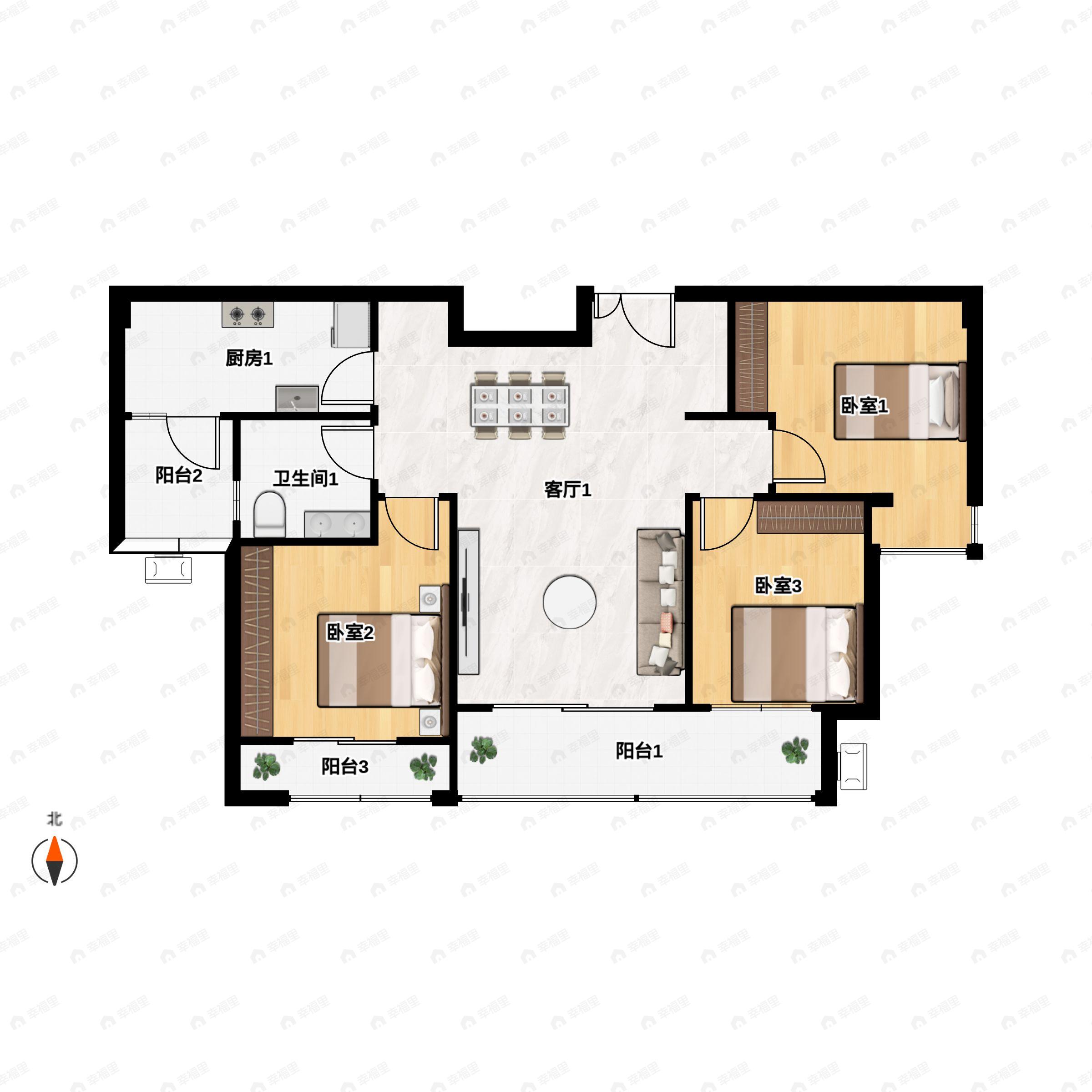 3室2厅1卫建面85m²南户型图