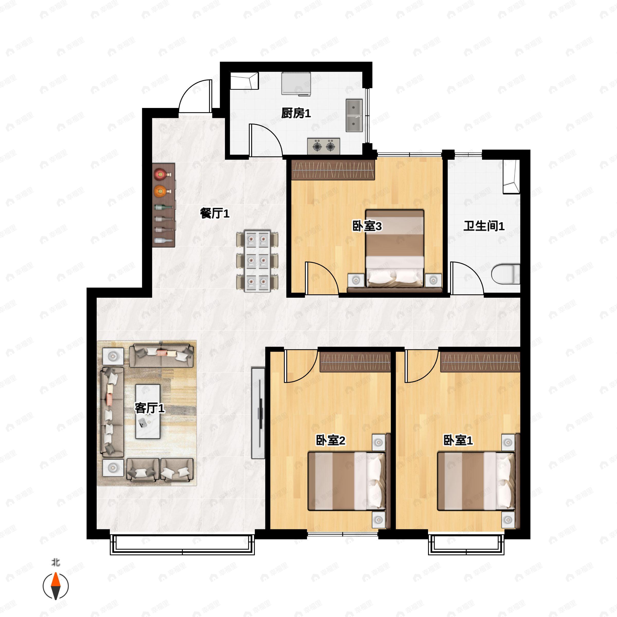 3室2厅1卫建面111平北|南户型图