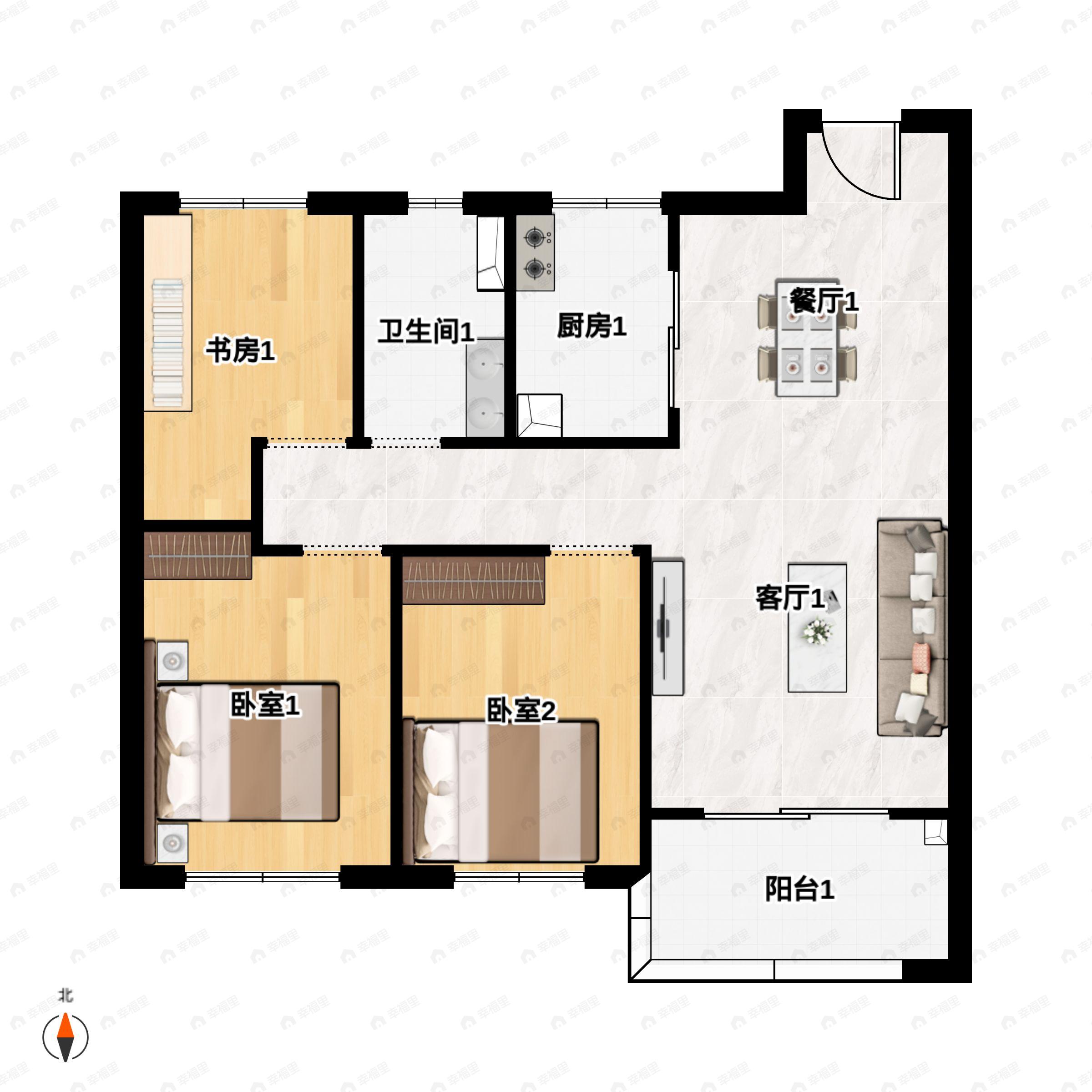 3室2厅1卫建面82平南户型图