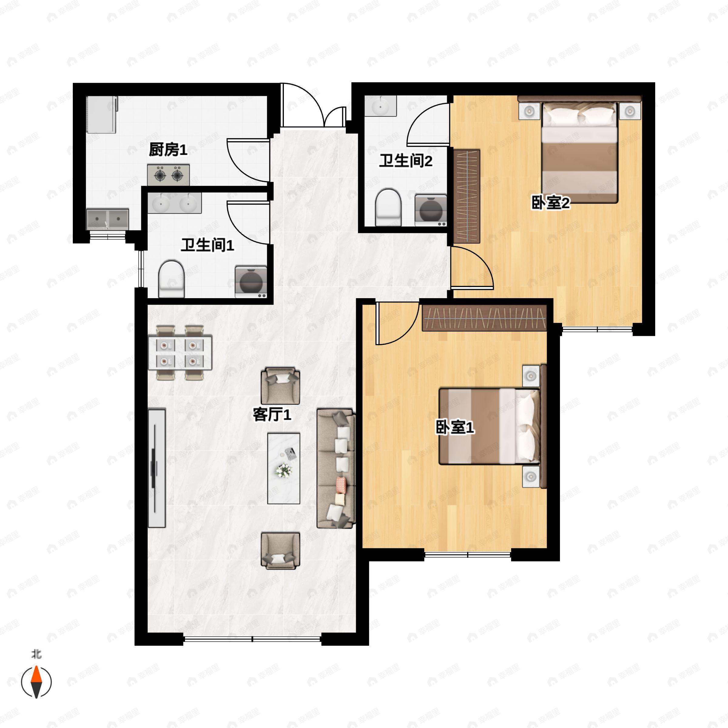 2室2厅2卫建面96m²南户型图