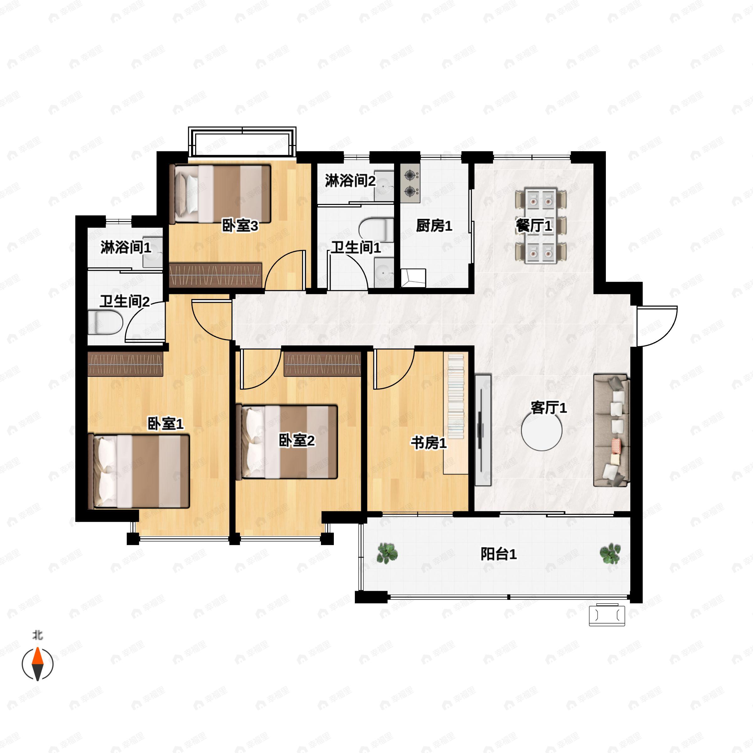 4室2厅2卫建面115平南户型图