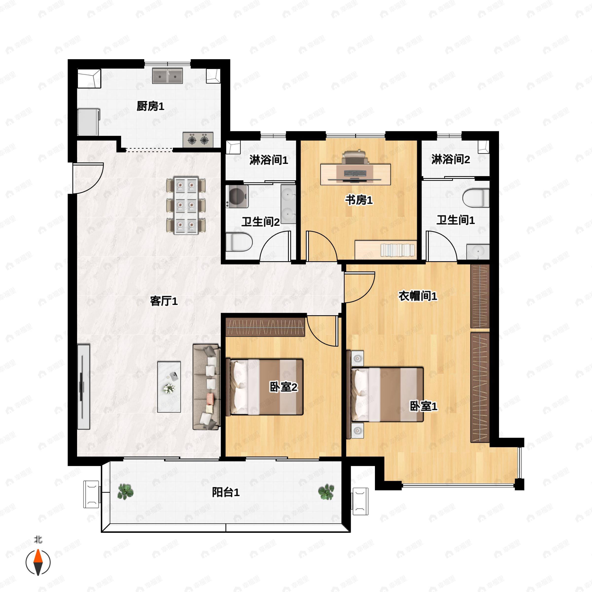3室2厅2卫建面122平户型图