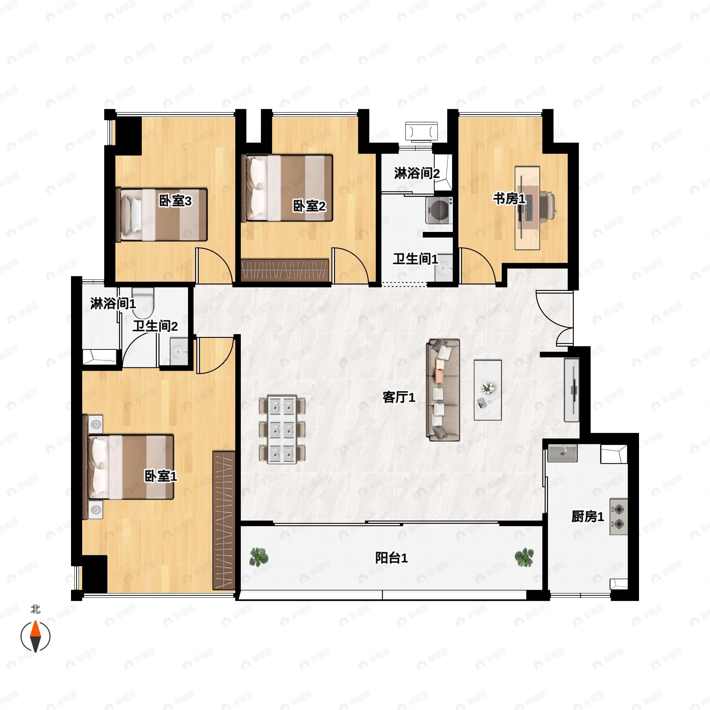 4室2厅2卫建面128平南户型图