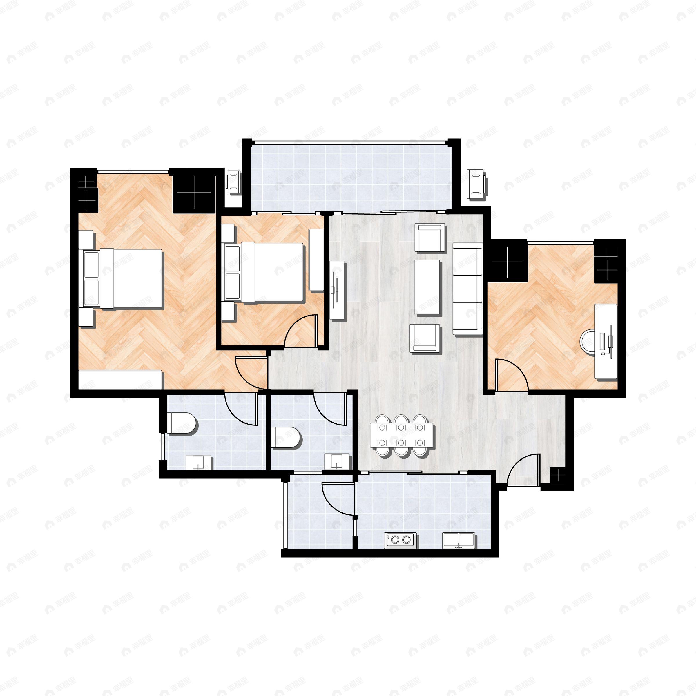3室2厅2卫建面78m²北户型图