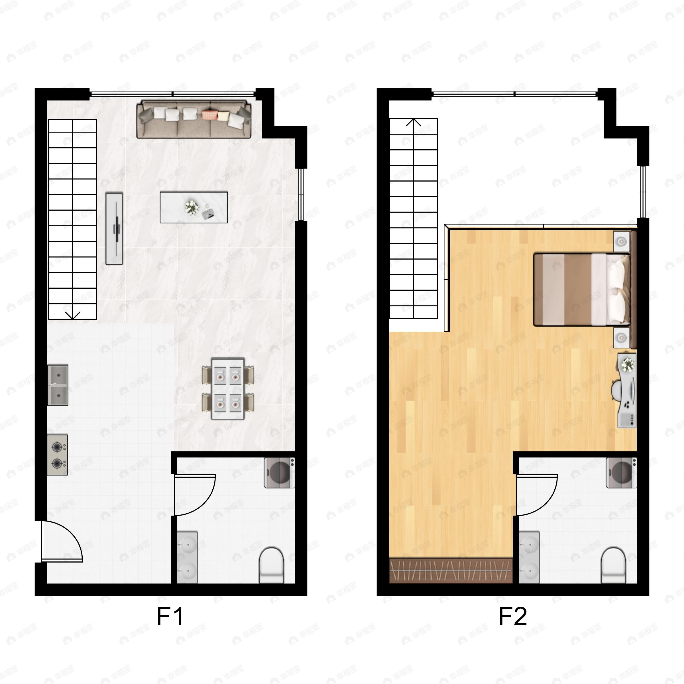 1室2厅2卫建面39m²北户型图