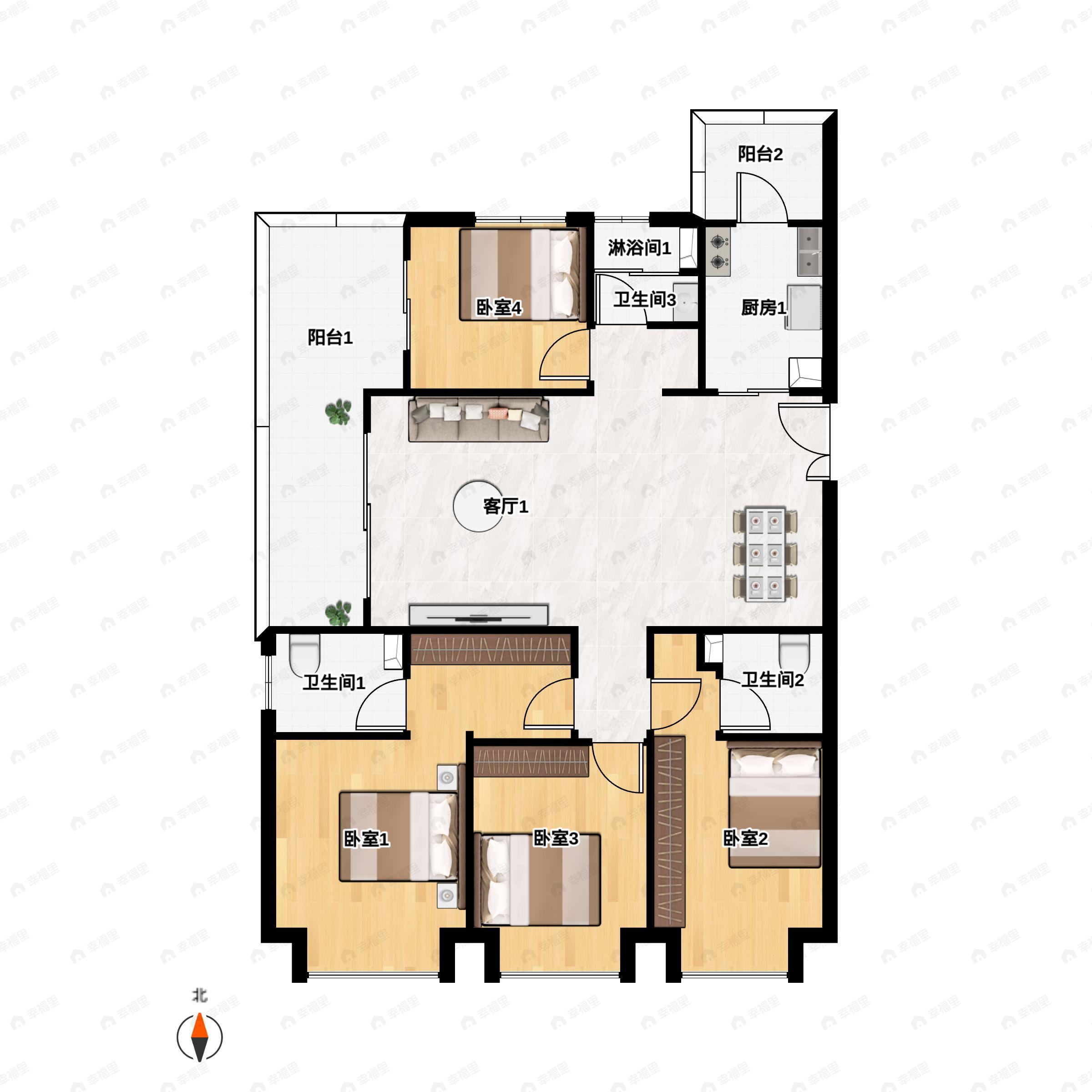 4室2厅3卫建面136平西|东户型图