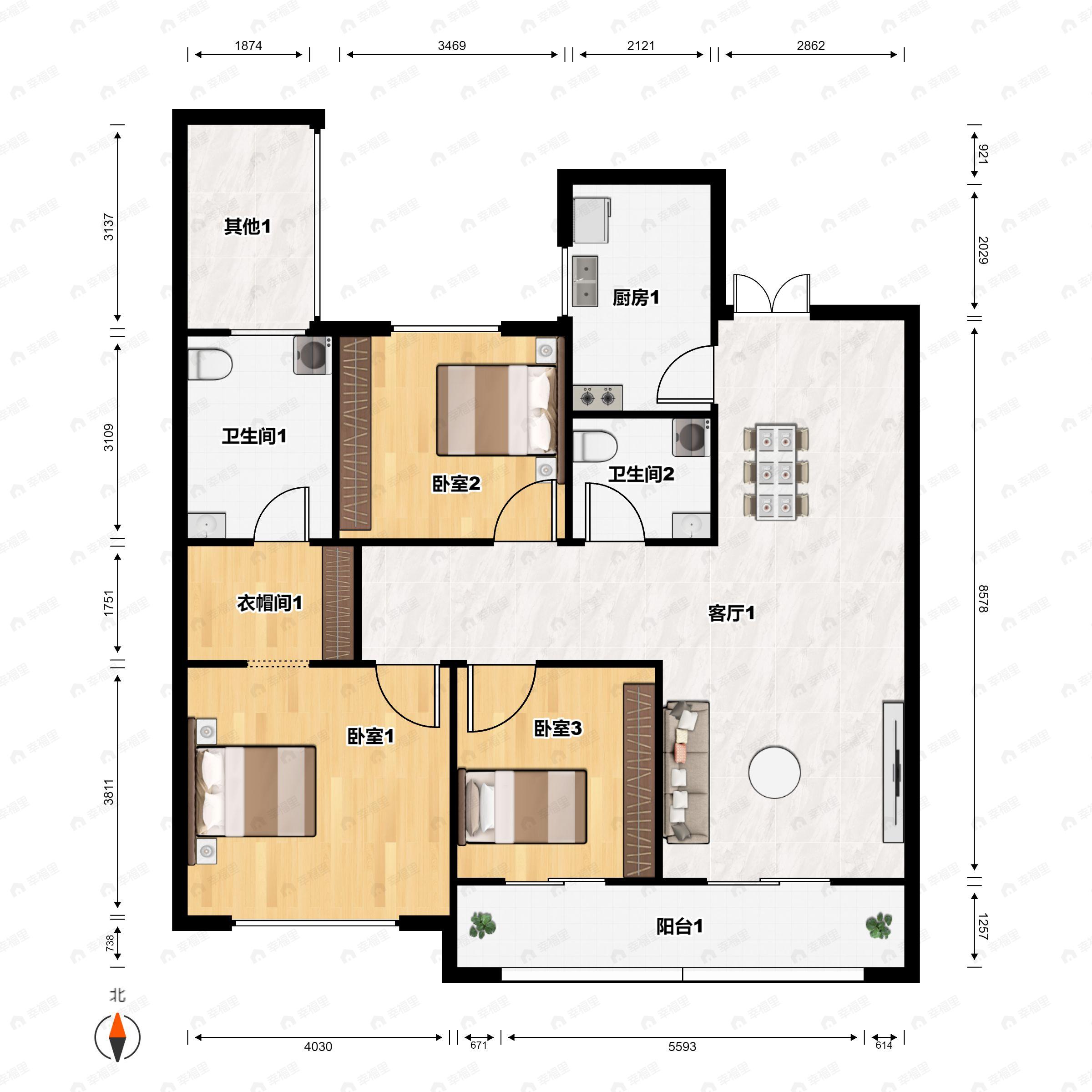 3室2厅2卫建面113m²南户型图