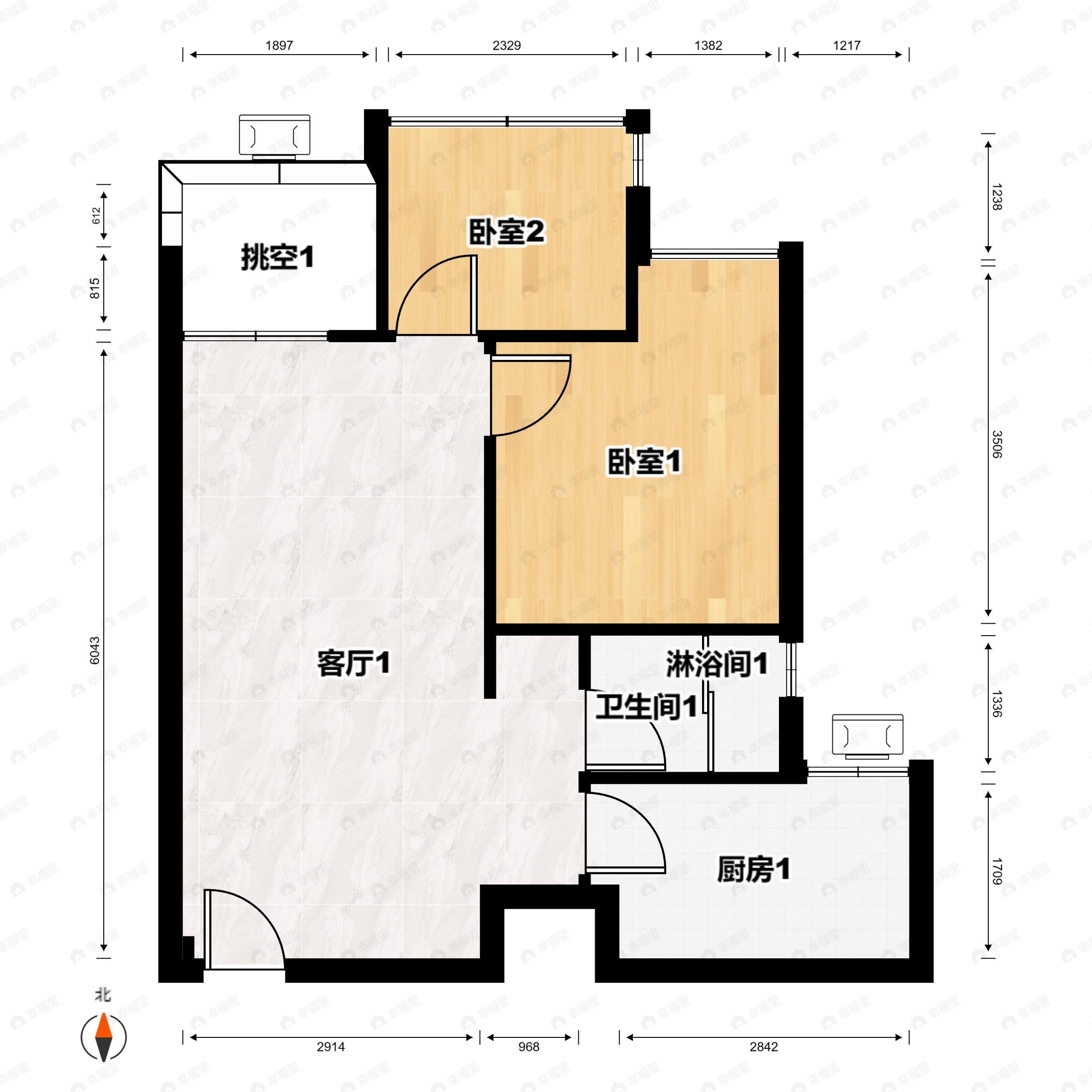 2室2厅1卫建面55平户型图