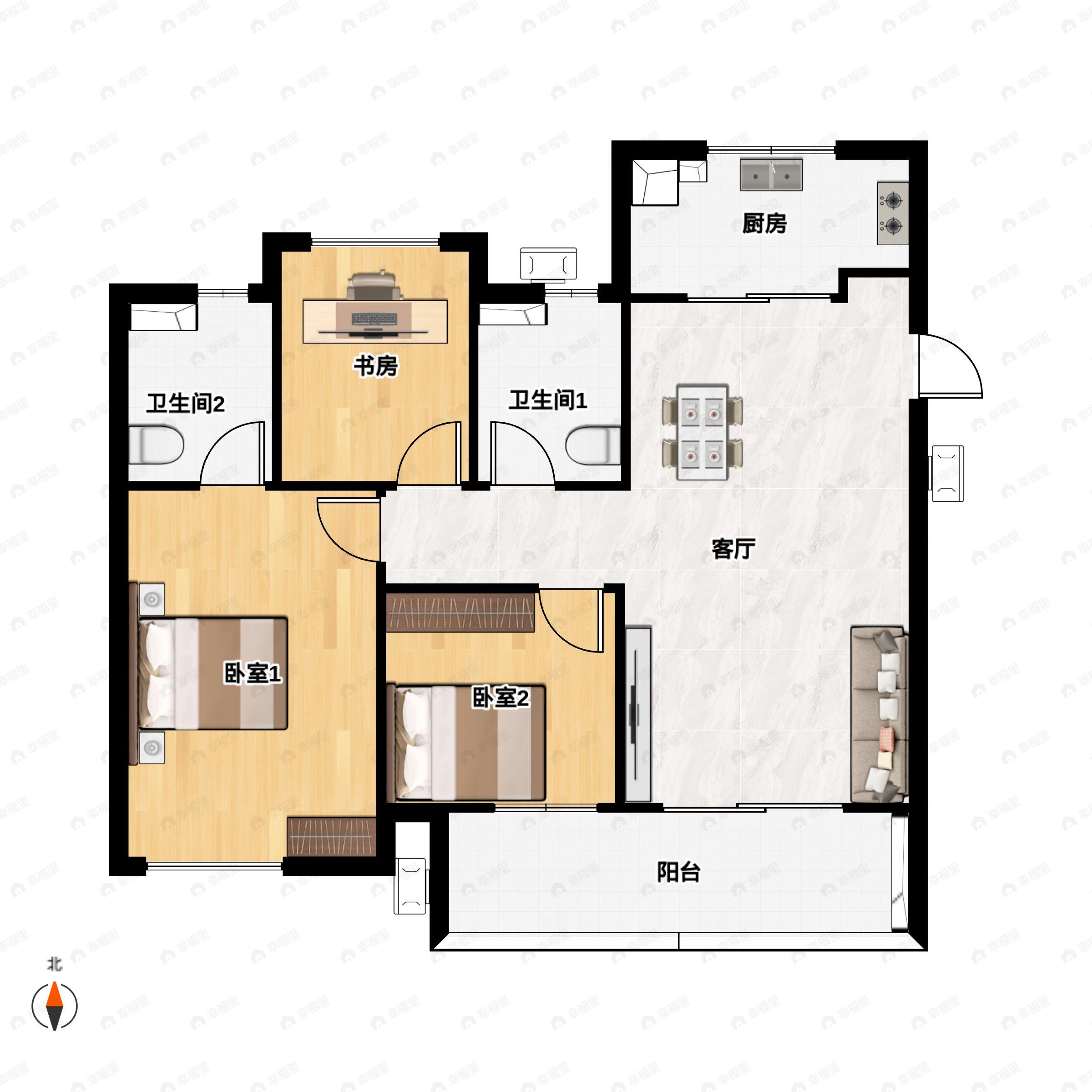 3室2厅1卫建面89平南户型图