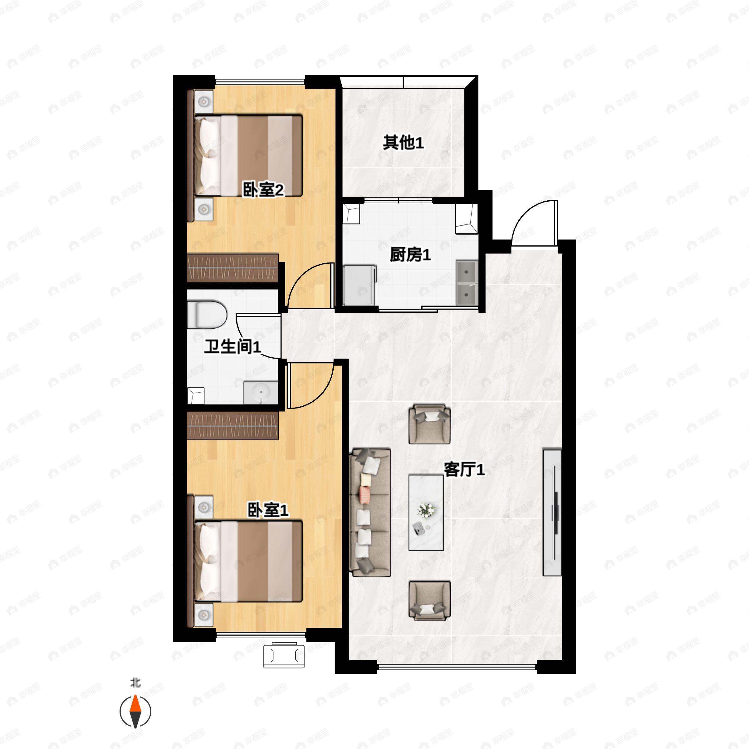 2室2厅1卫建面89平北|南户型图