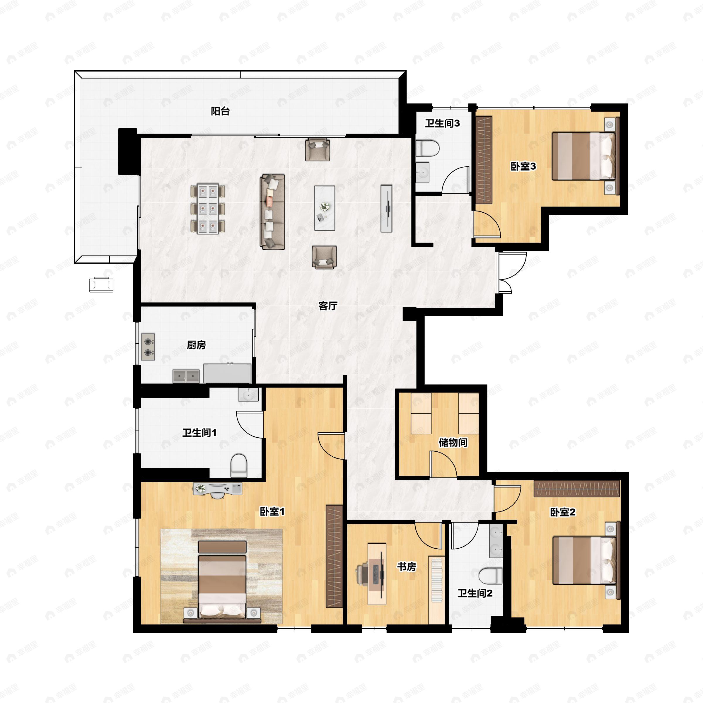 4室2厅3卫建面281平南|北户型图