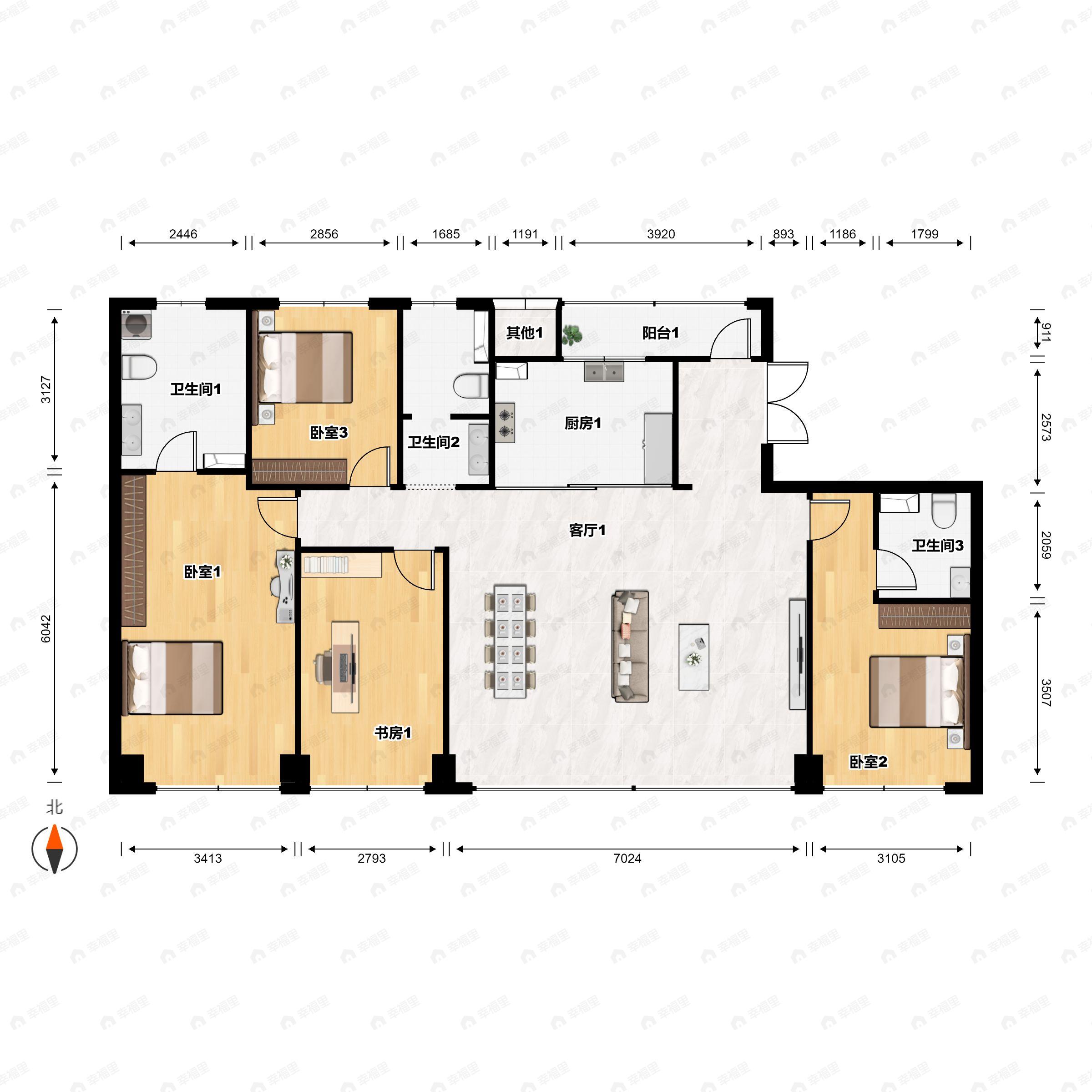 4室2厅3卫建面168m²南户型图