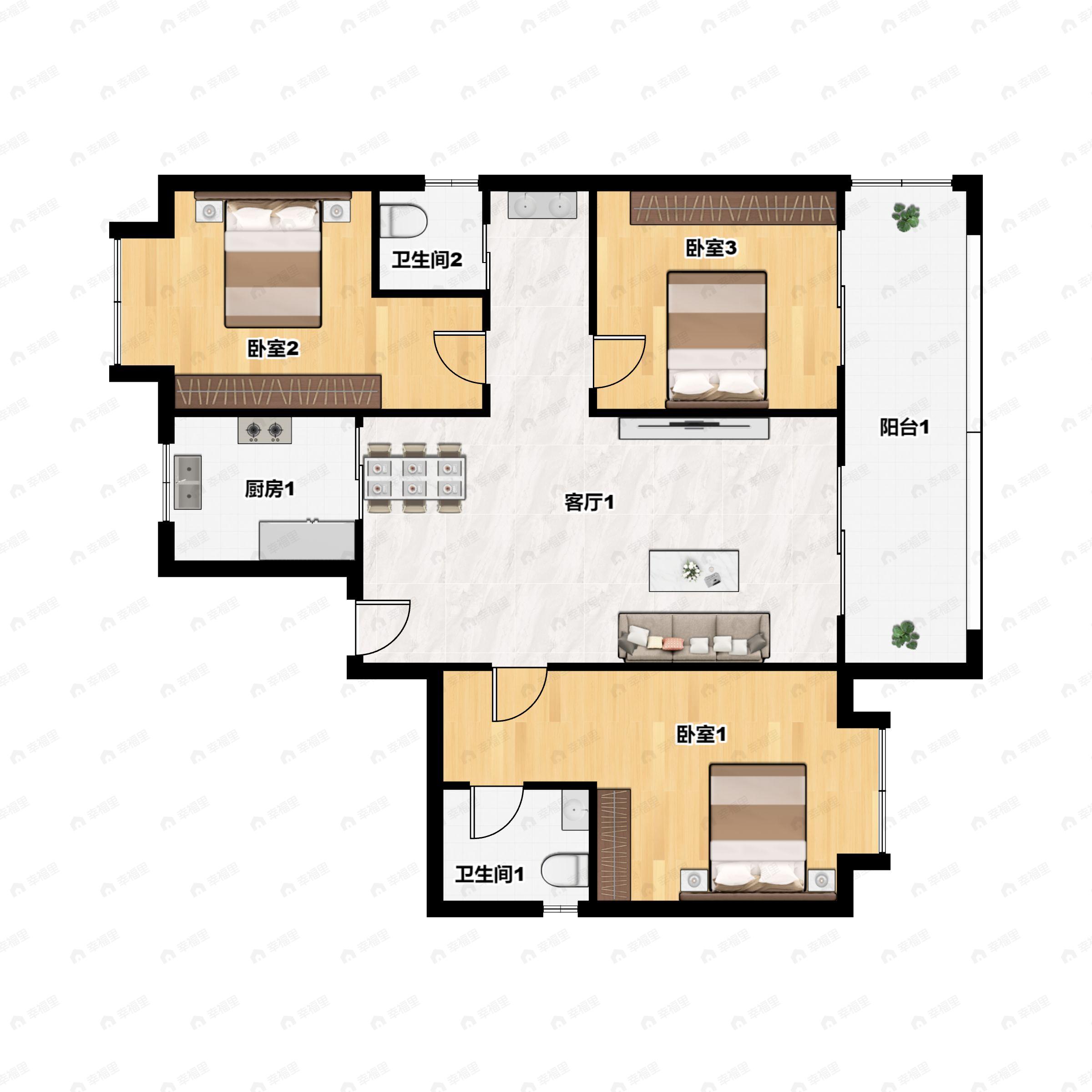 3室2厅2卫建面120m²南户型图