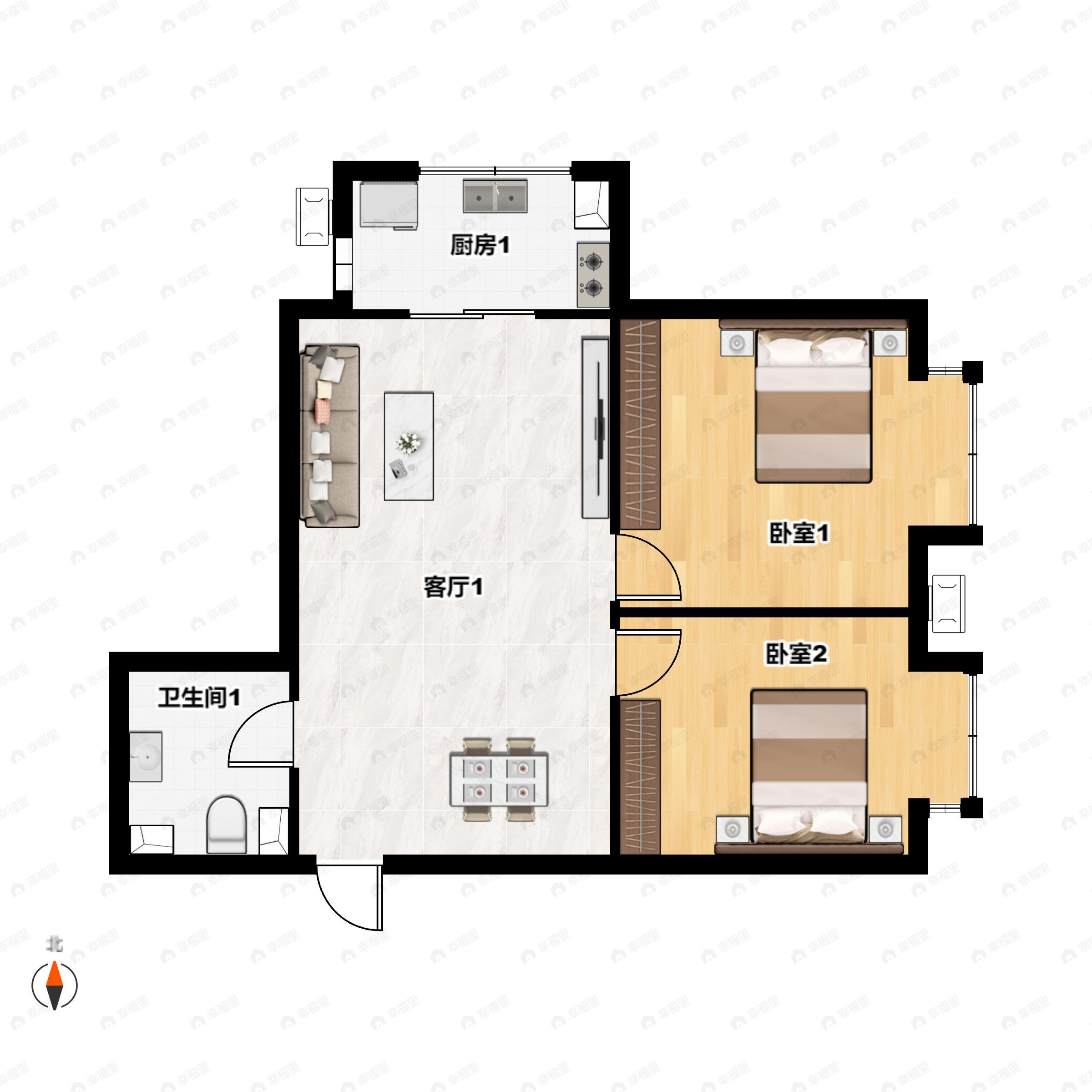 2室2厅1卫建面65m²东户型图