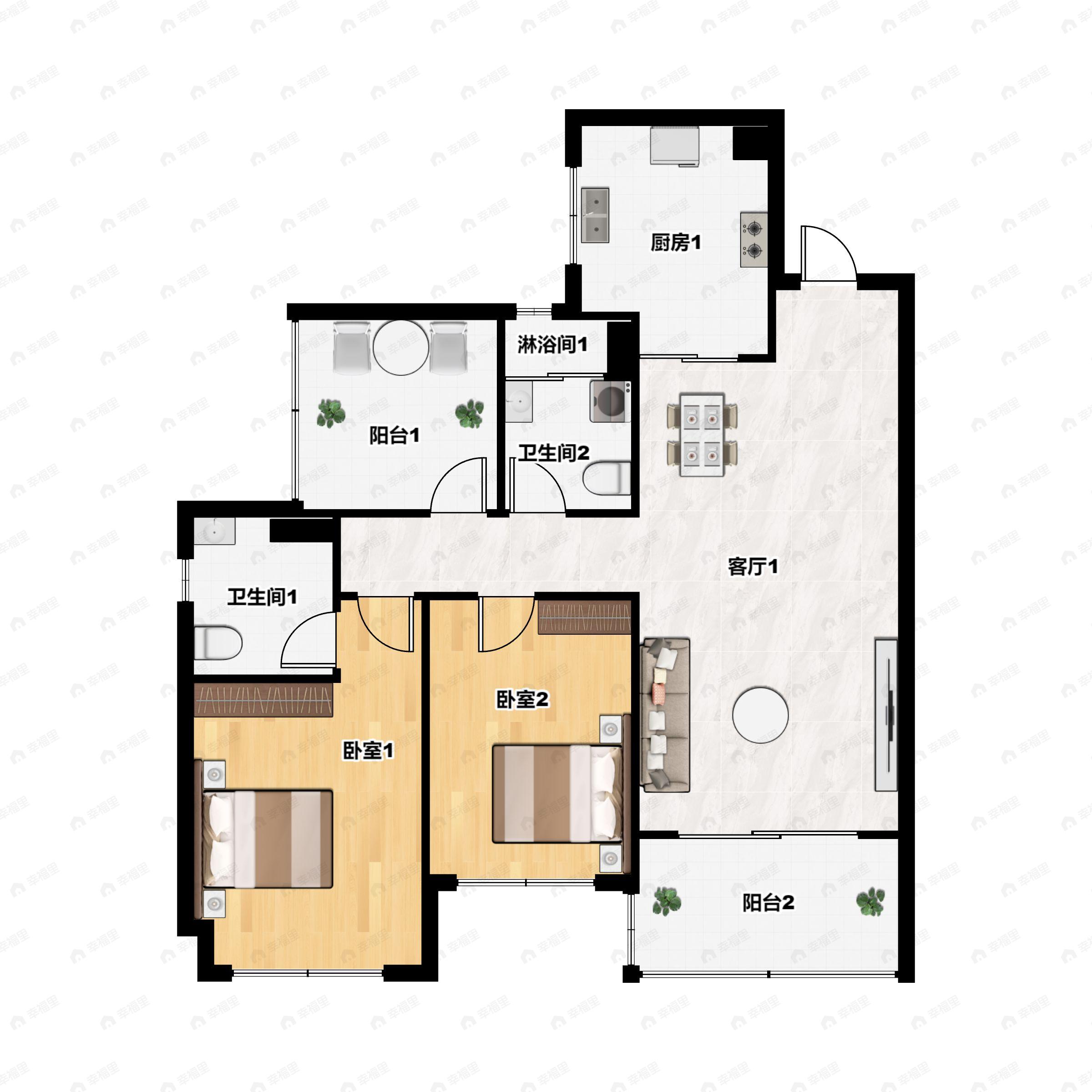 3室2厅2卫建面93m²南户型图