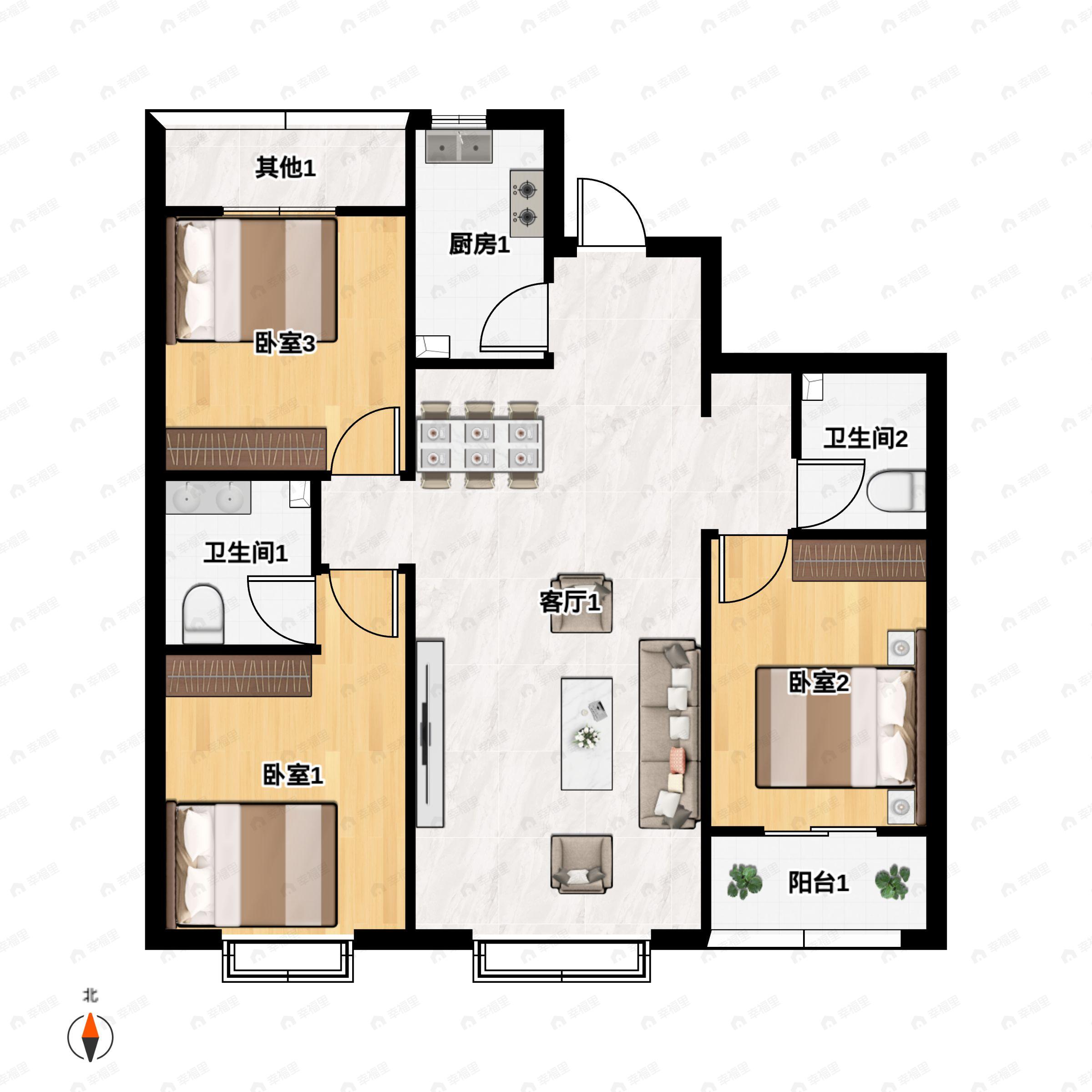 3室2厅2卫建面118平北|南户型图
