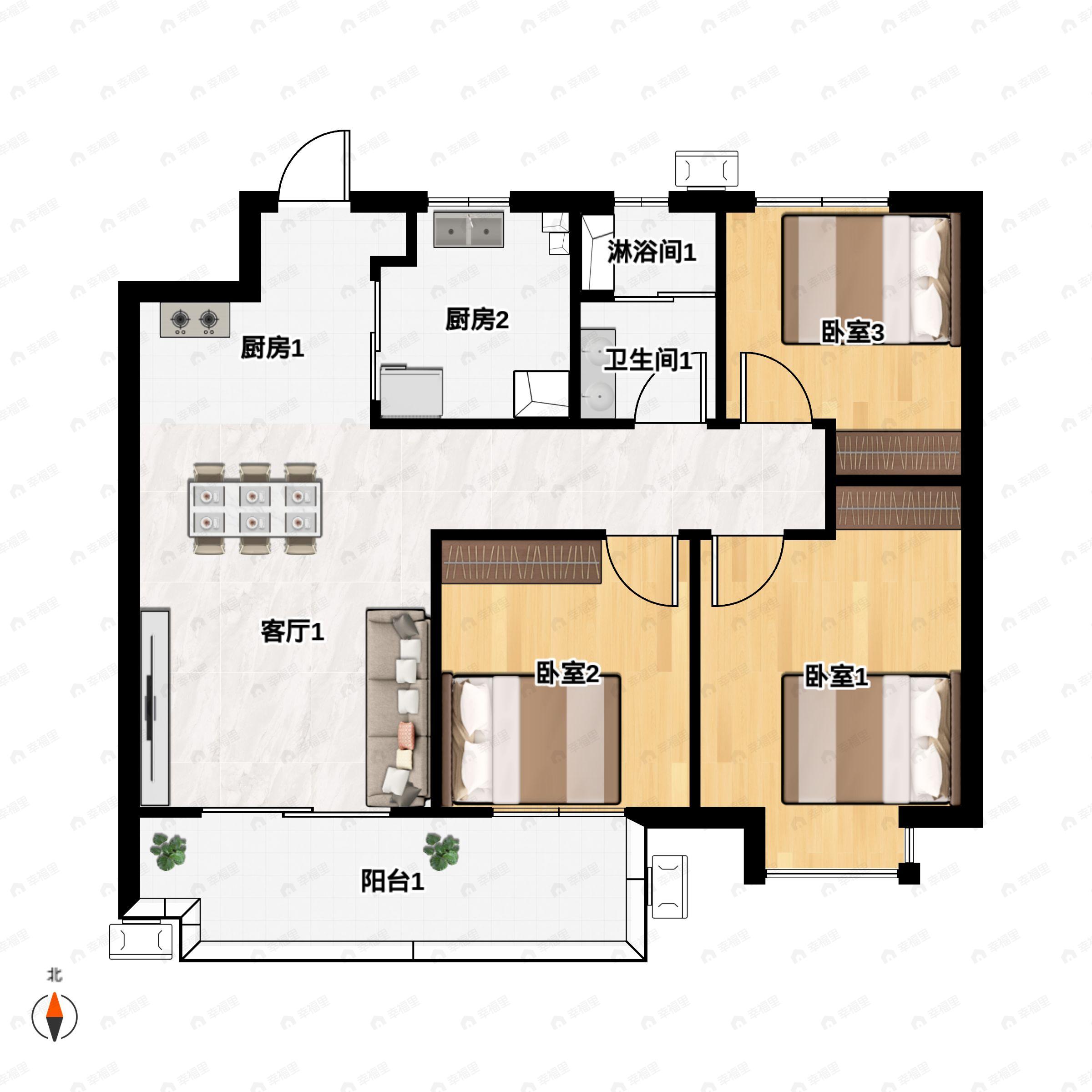 3室2厅1卫建面88平户型图