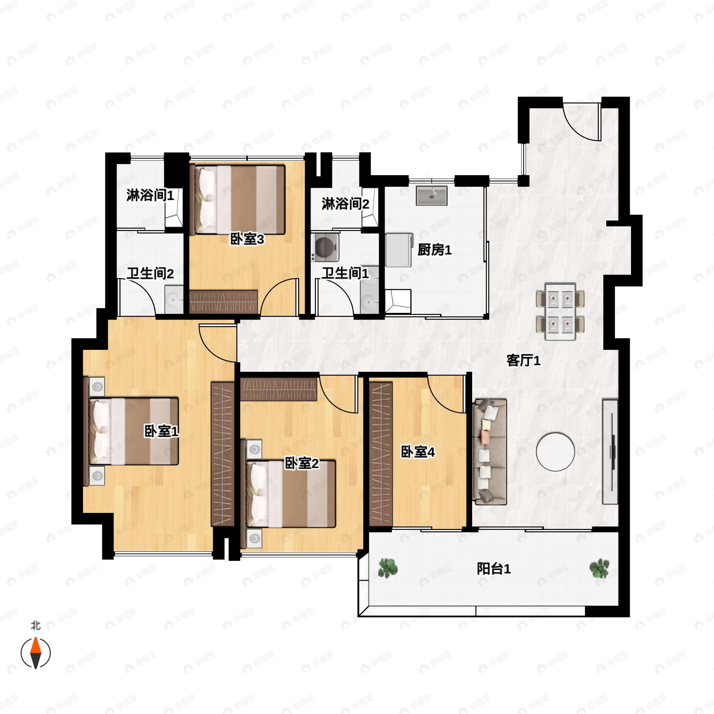 4室2厅2卫建面105平西南|南户型图