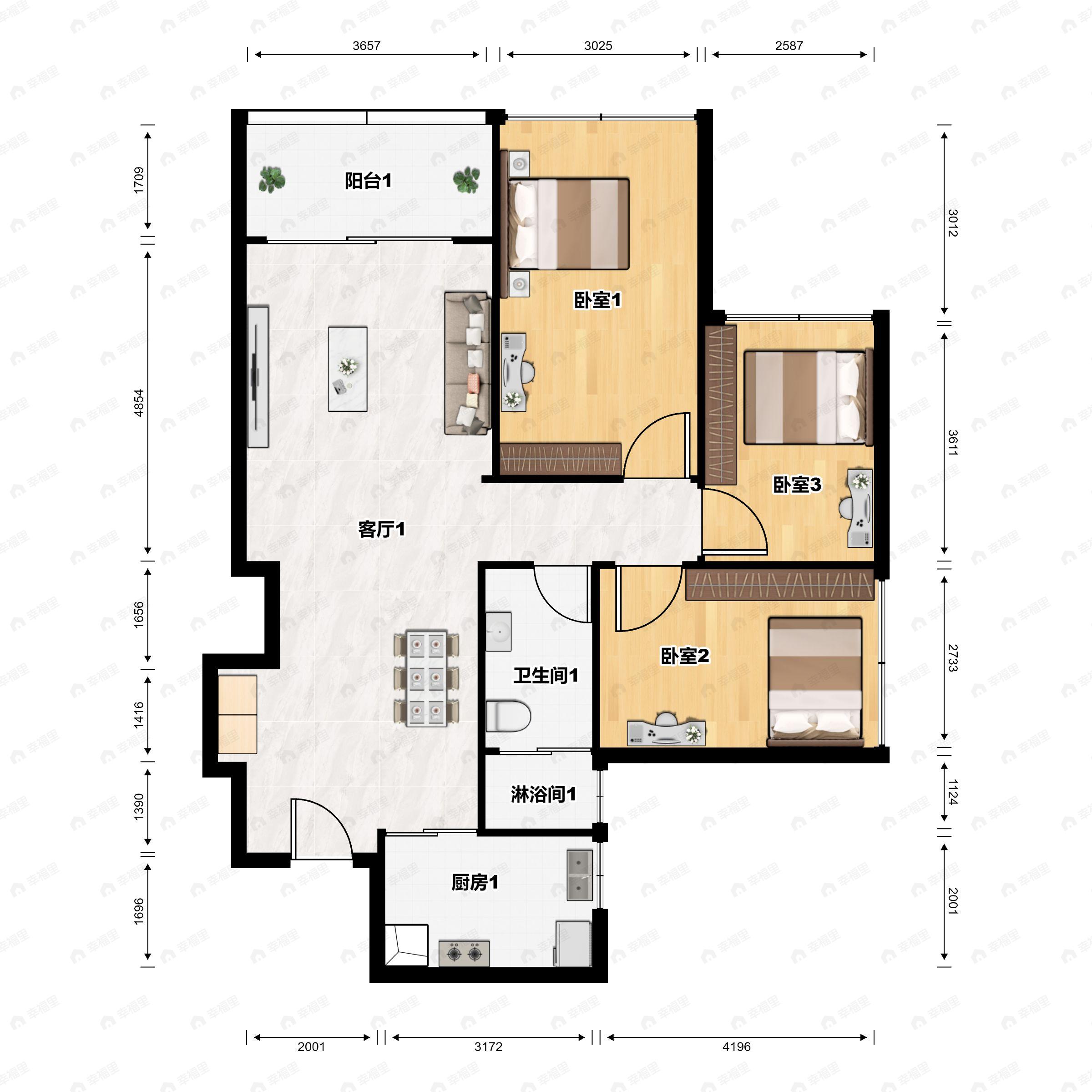3室2厅1卫建面76平户型图