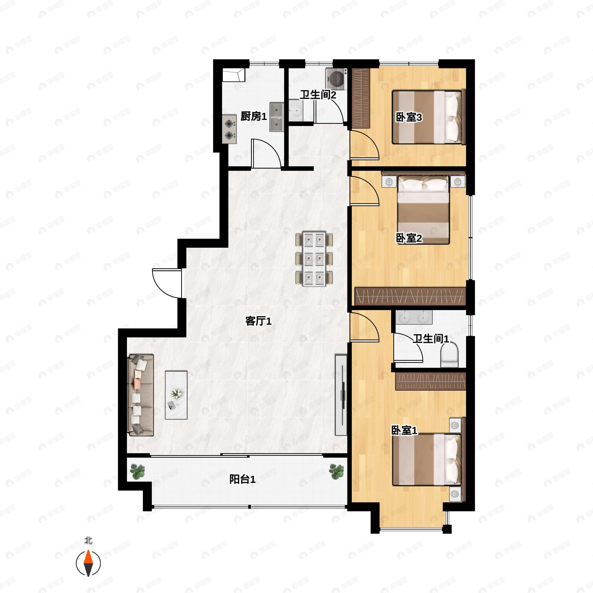 3室2厅2卫建面125m²北|南户型图