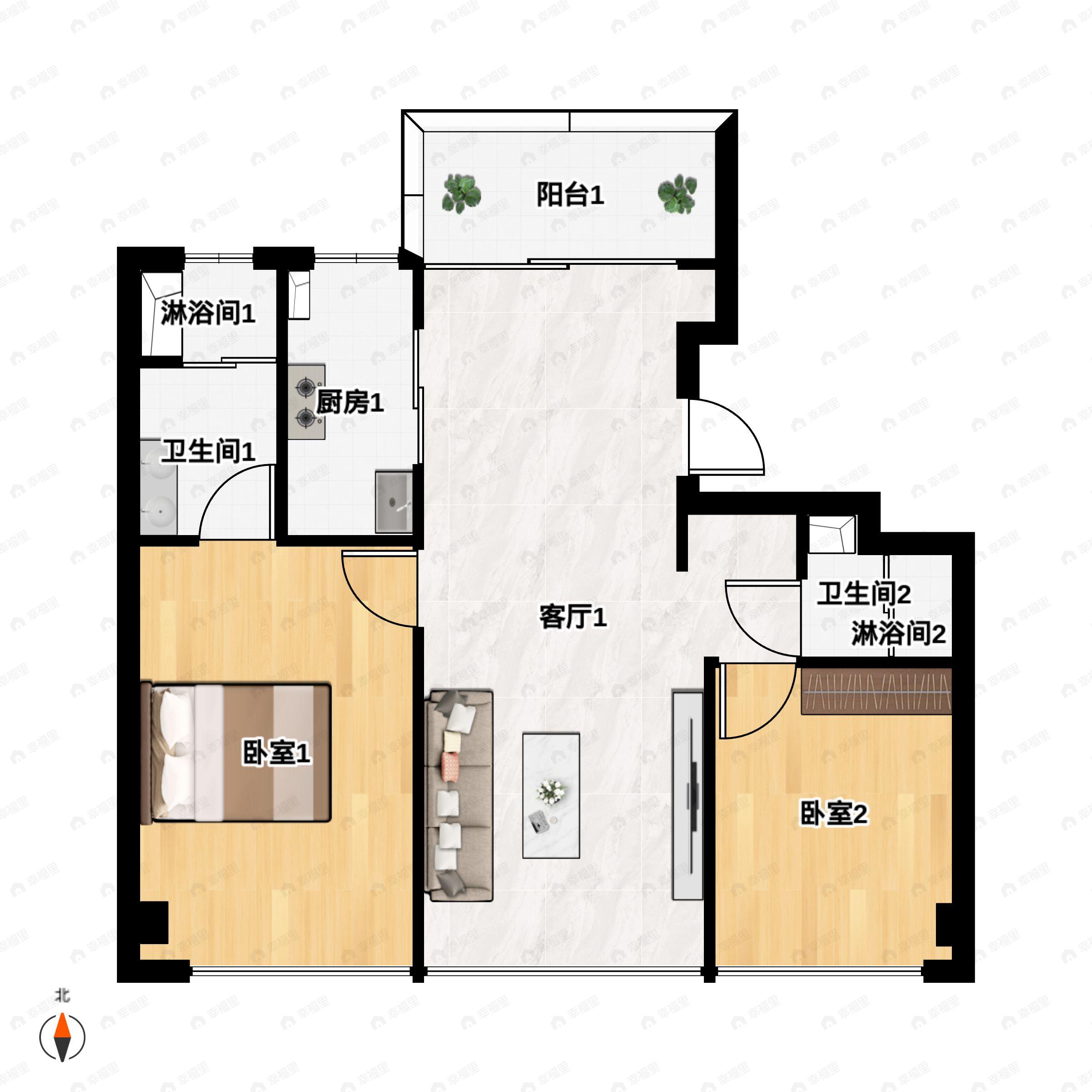 2室2厅2卫建面89m²北|南户型图