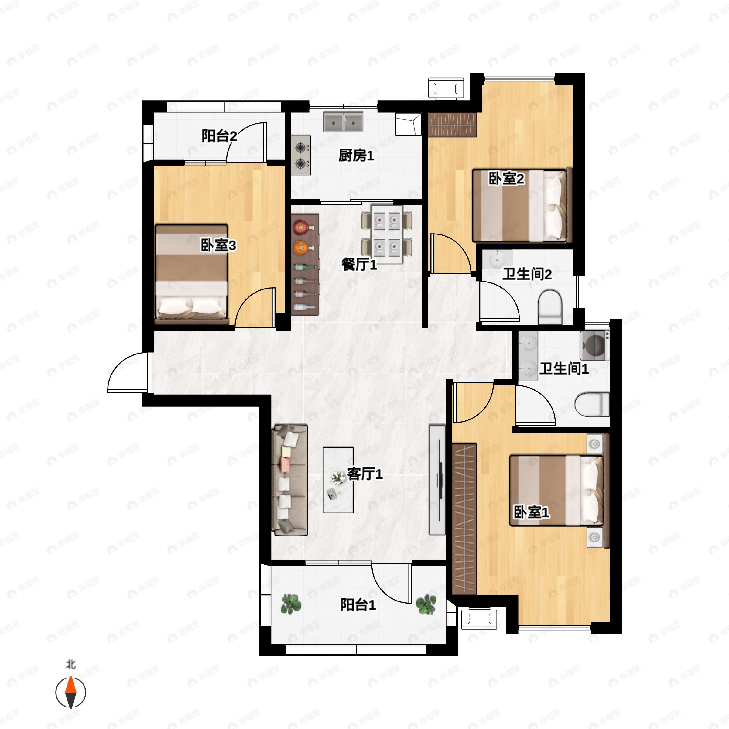 3室2厅2卫建面121平户型图