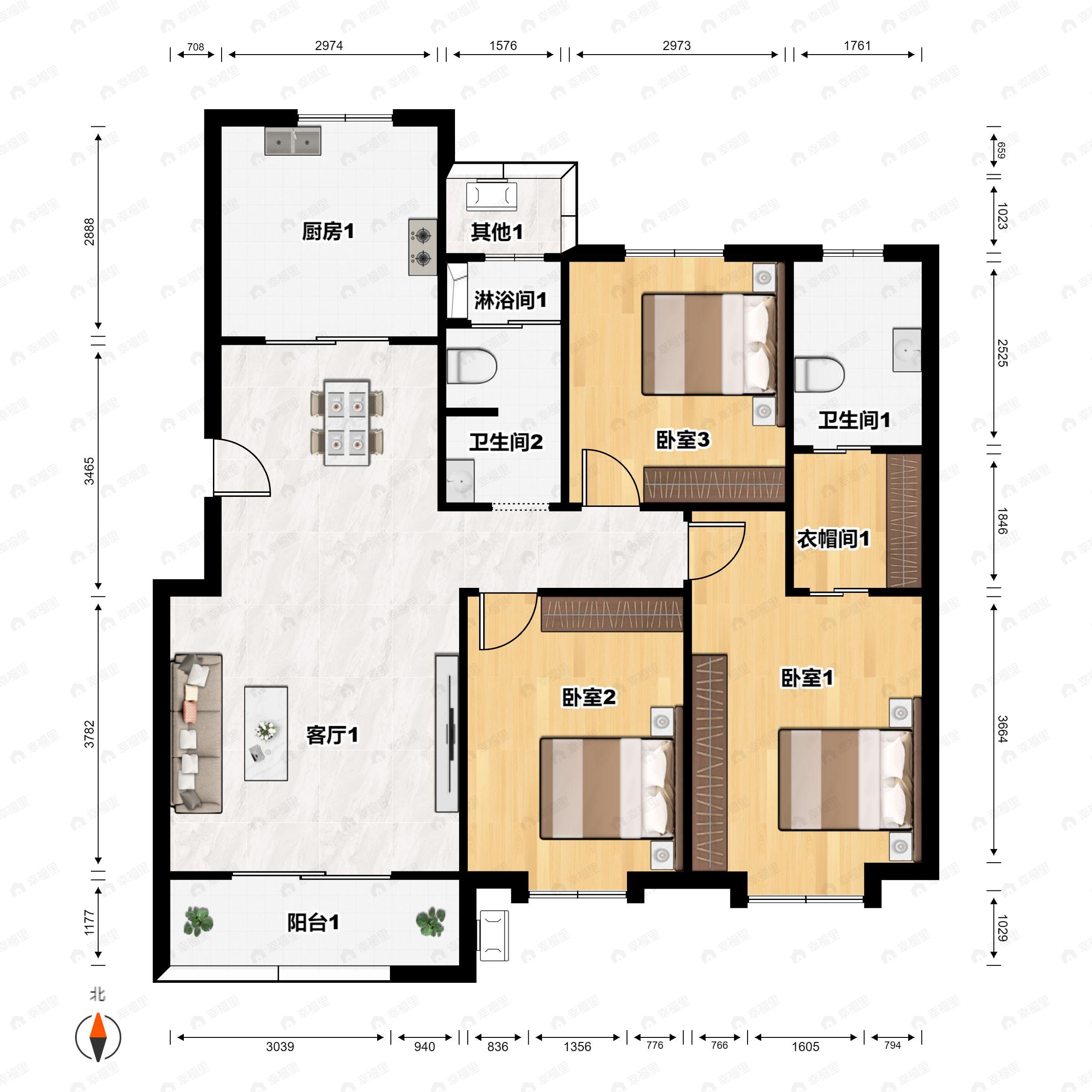3室2厅2卫建面139平南户型图