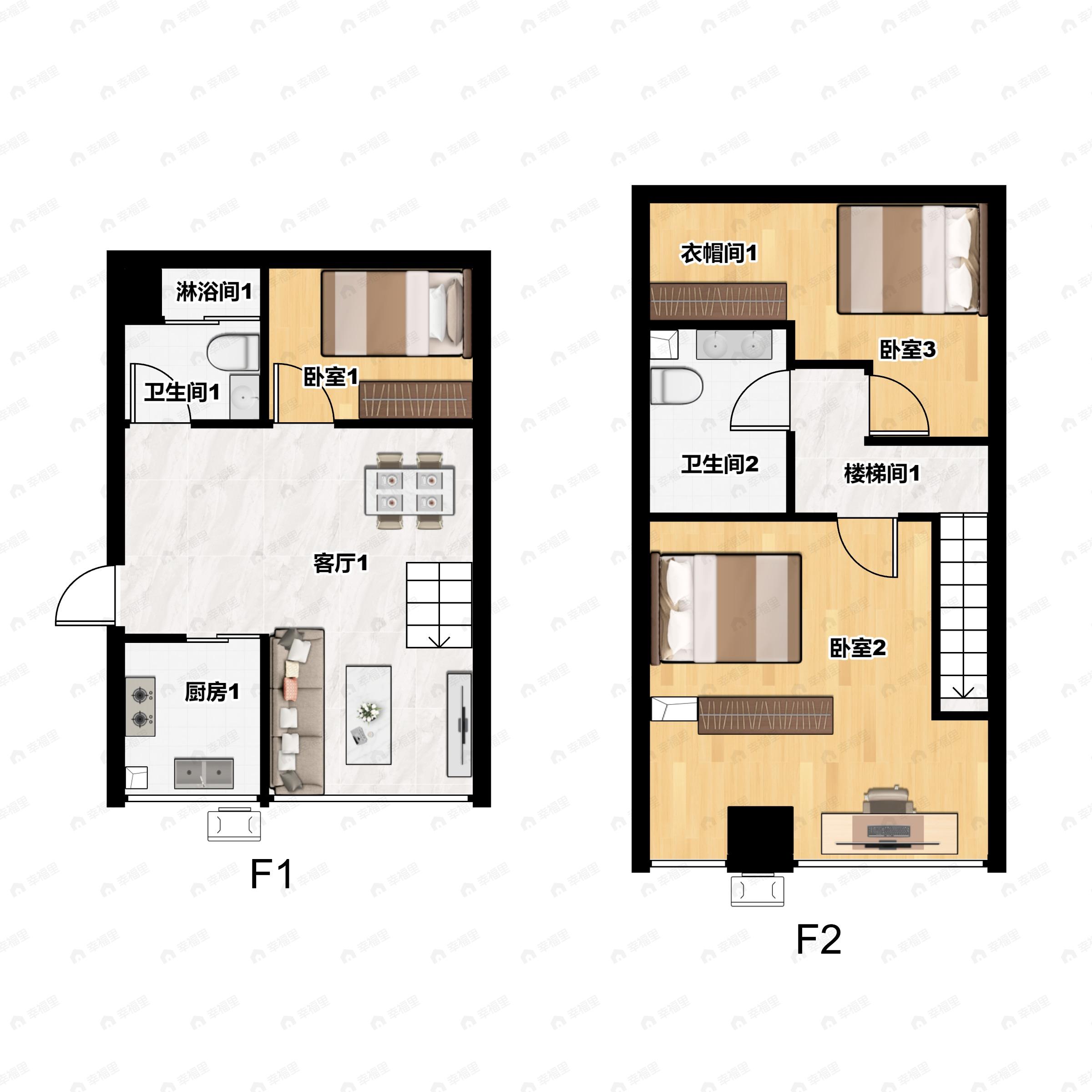 3室2厅2卫建面52平南户型图